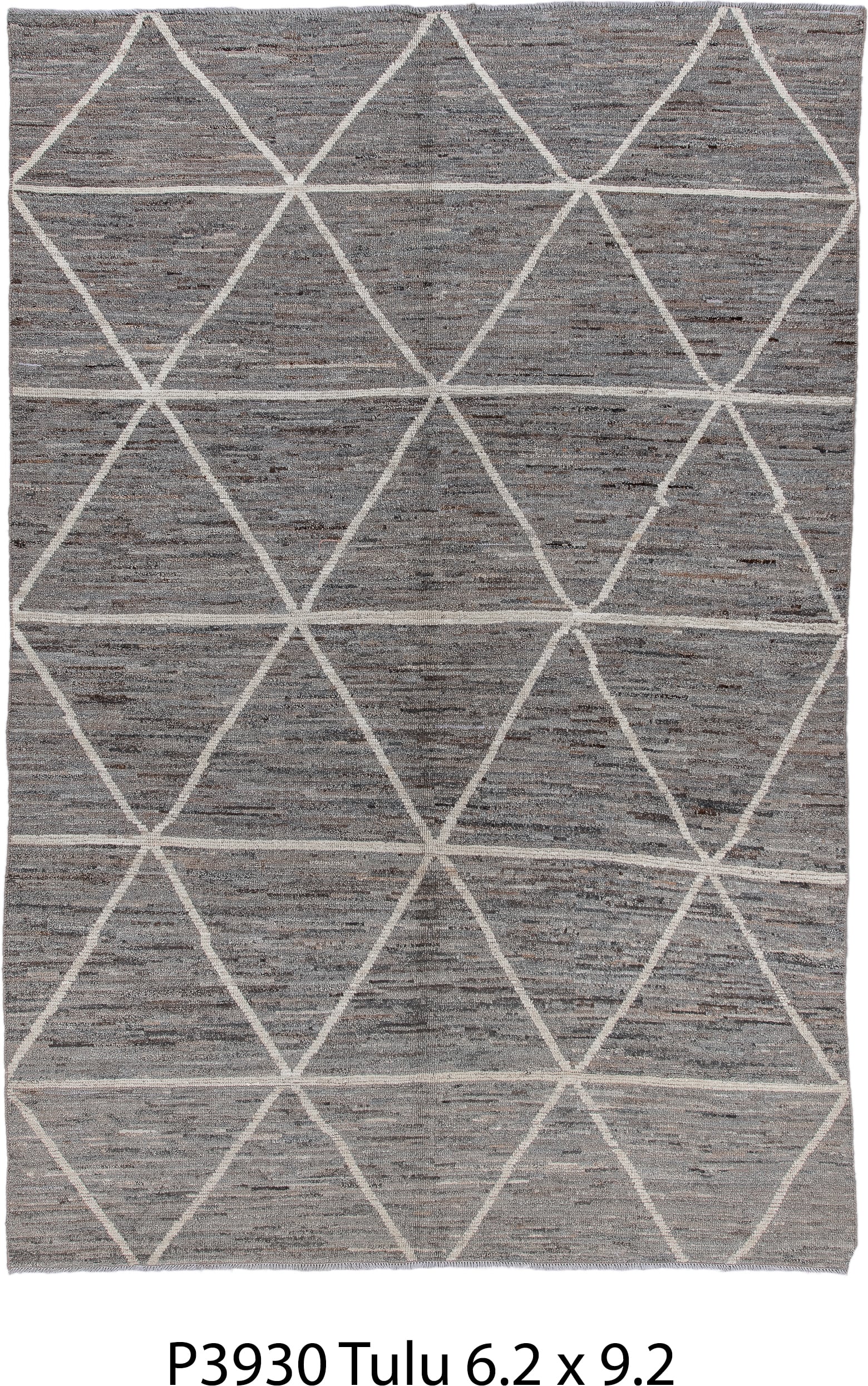 6' x 9' one-of-a-kind handmade vintage Tulu medium size rug. Color palette: gray, ivory, taupe, charcoal, beige, black