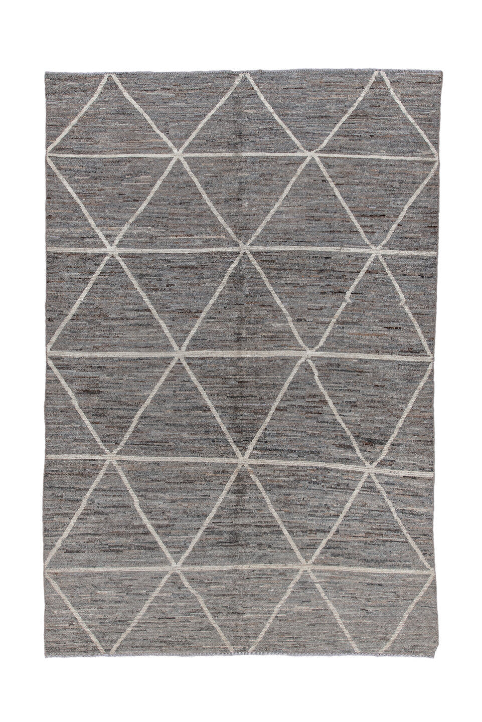 6' x 9' one-of-a-kind handmade vintage Tulu medium size rug. Color palette: gray, ivory, taupe, charcoal, beige, black