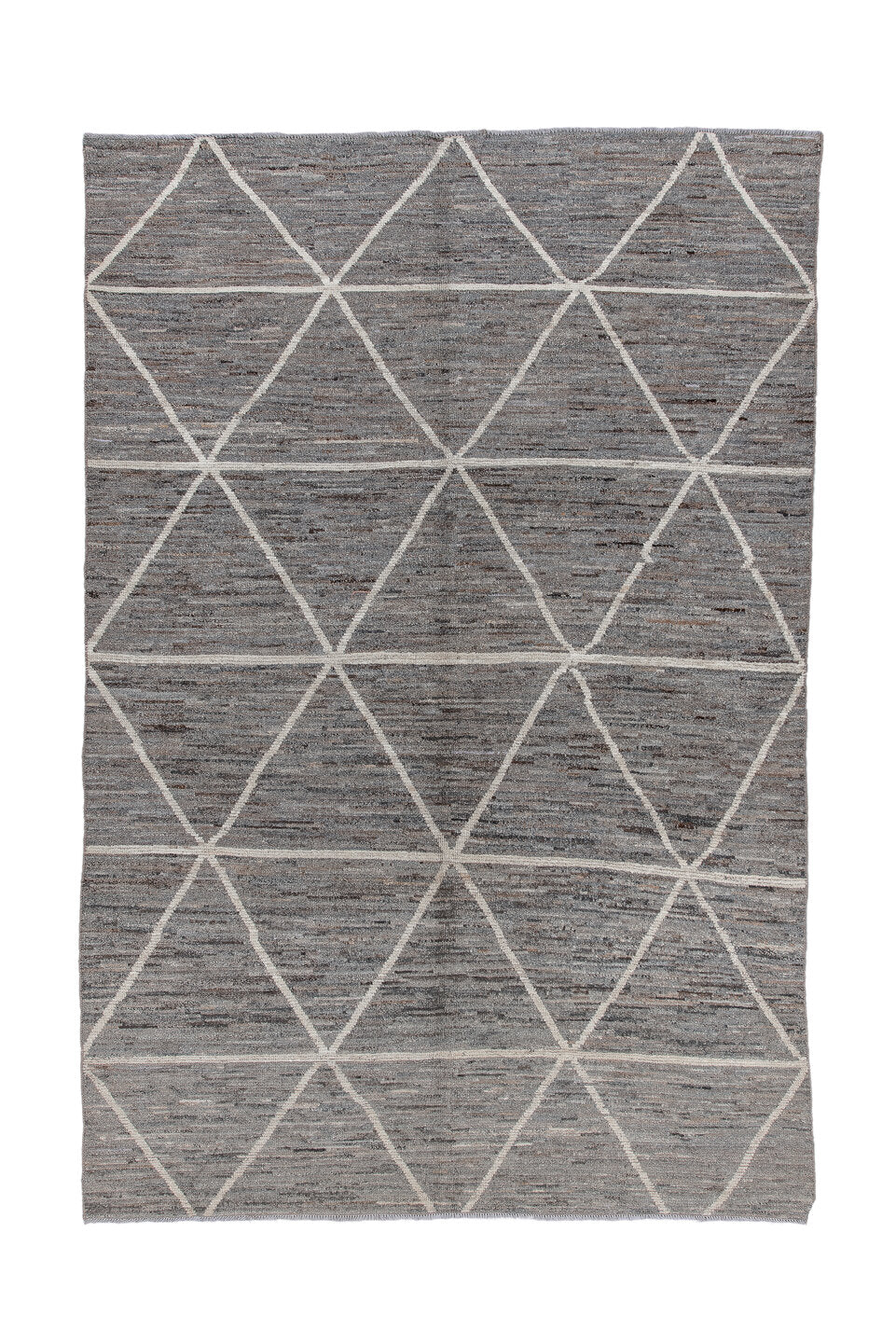 6' x 9' one-of-a-kind handmade vintage Tulu medium size rug. Color palette: gray, ivory, taupe, charcoal, beige, black