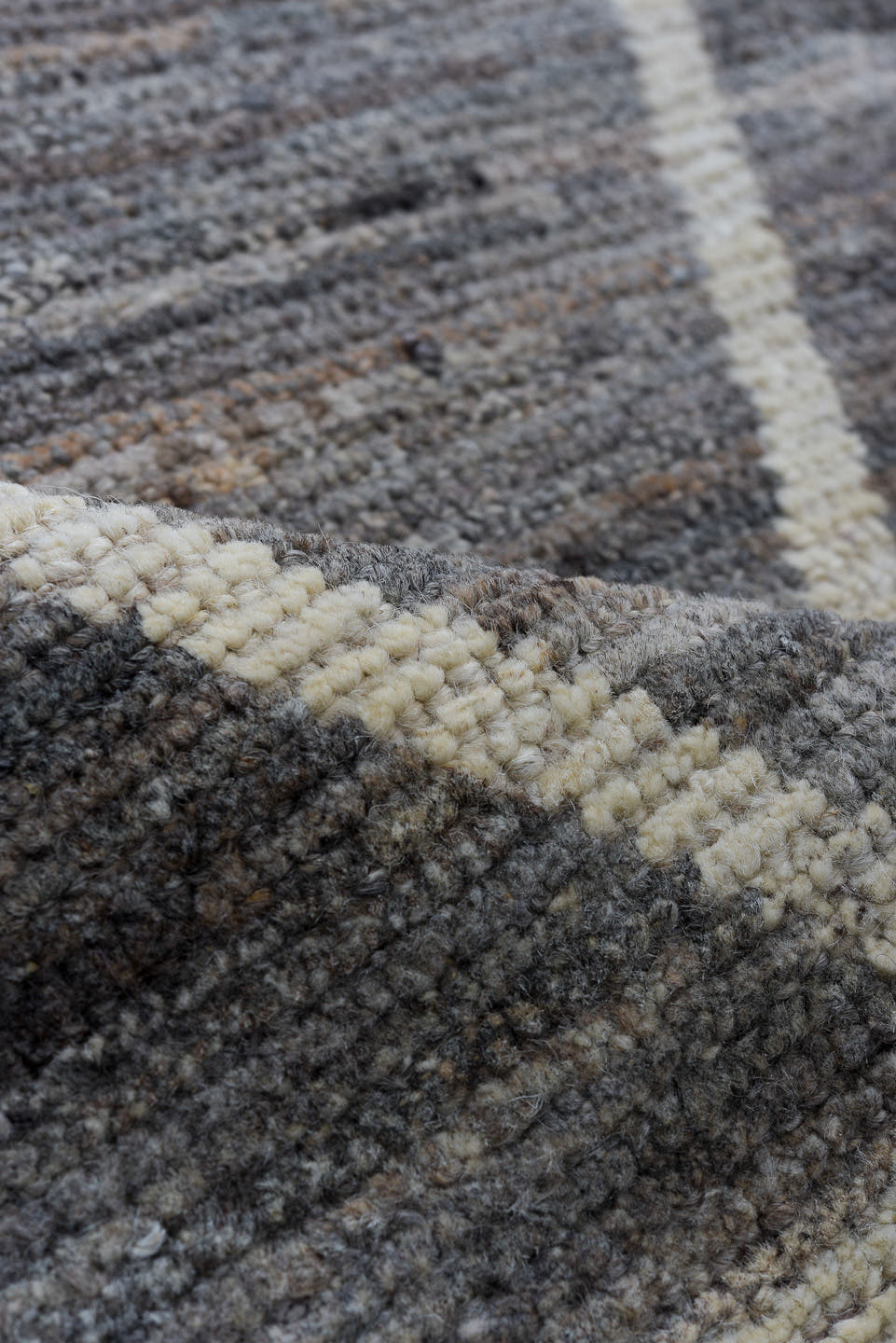 6' x 9' one-of-a-kind handmade vintage Tulu medium size rug. Color palette: gray, ivory, taupe, charcoal, beige, black