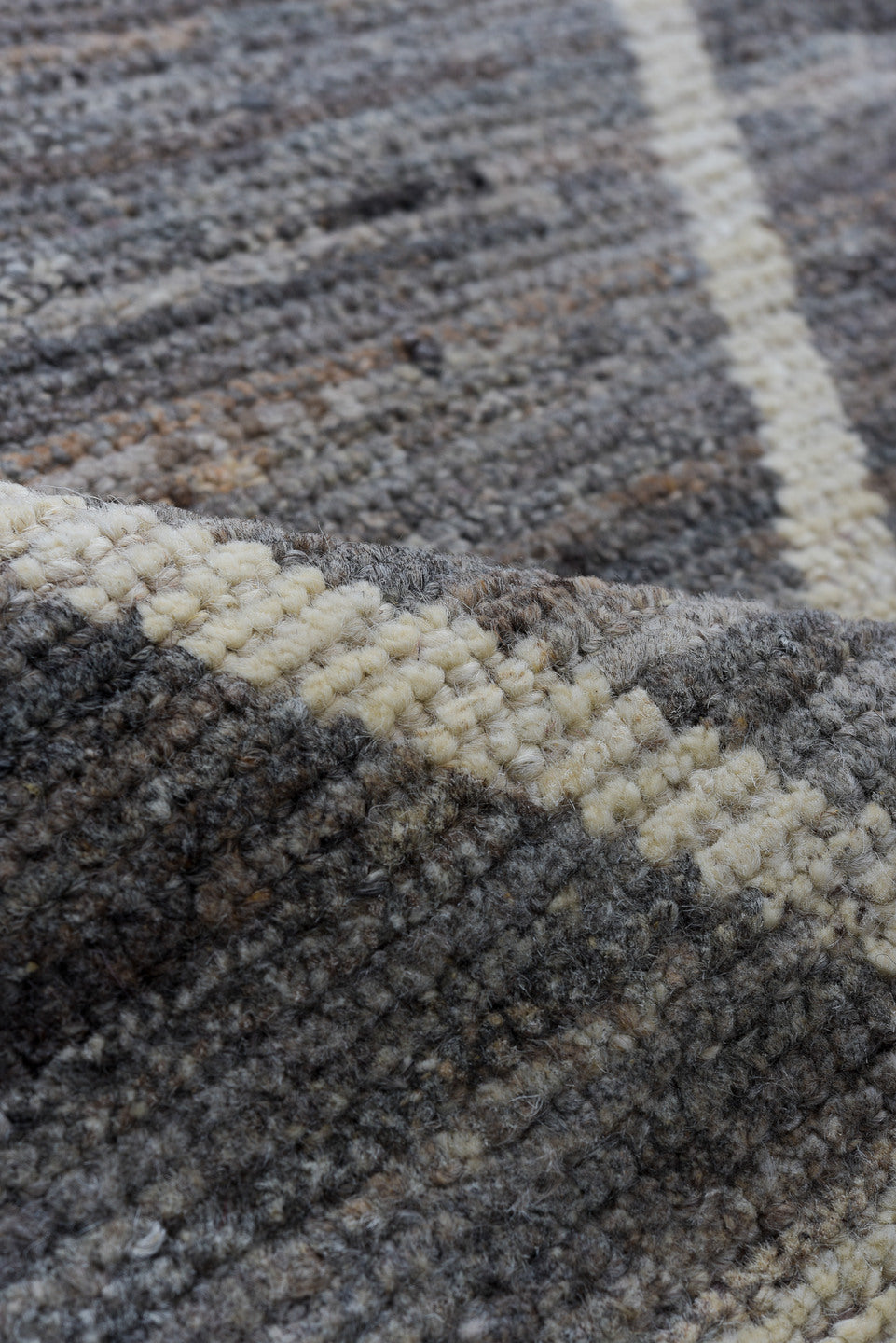 6' x 9' one-of-a-kind handmade vintage Tulu medium size rug. Color palette: gray, ivory, taupe, charcoal, beige, black