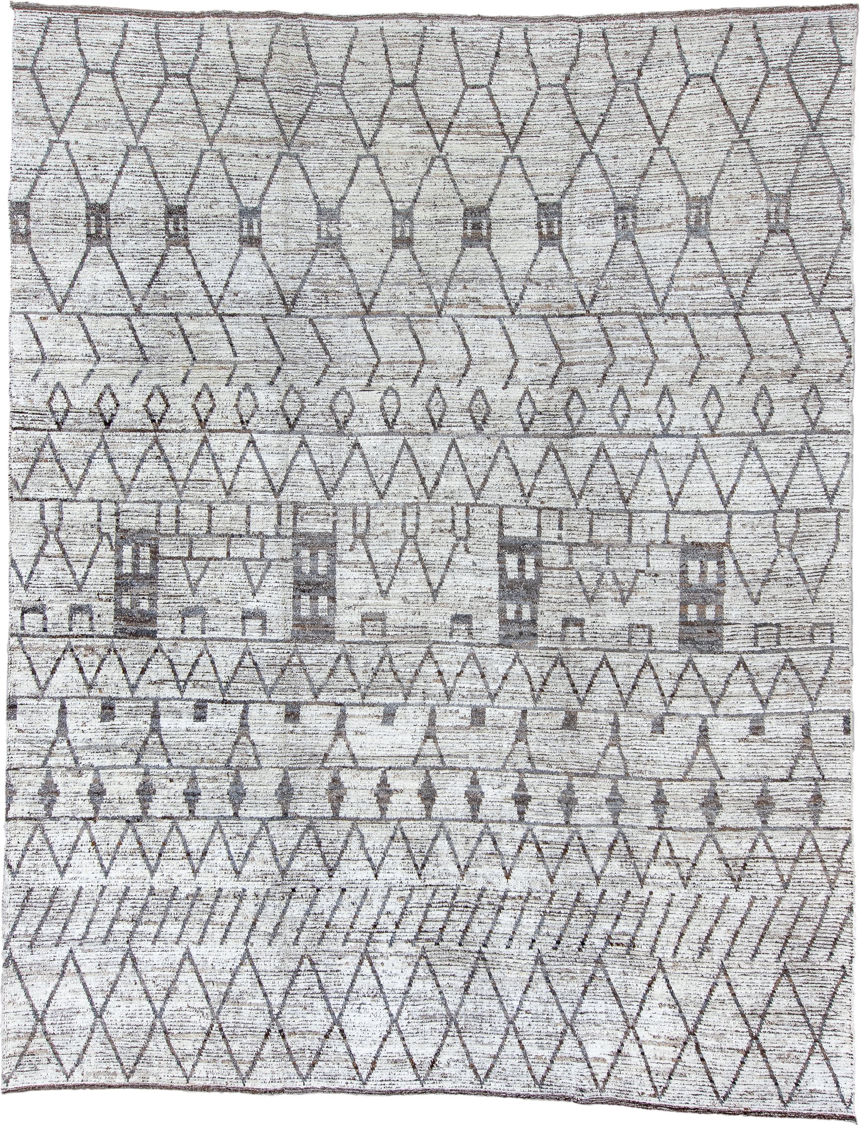 10' x 13' one-of-a-kind handmade vintage Tulu large size rug. Color palette: ivory, charcoal, taupe, brown, gray, black
