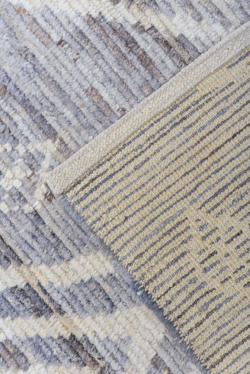 8' x 9' one-of-a-kind handmade vintage Tulu rug. Color palette: gray, ivory, slate, taupe, silver, beige
