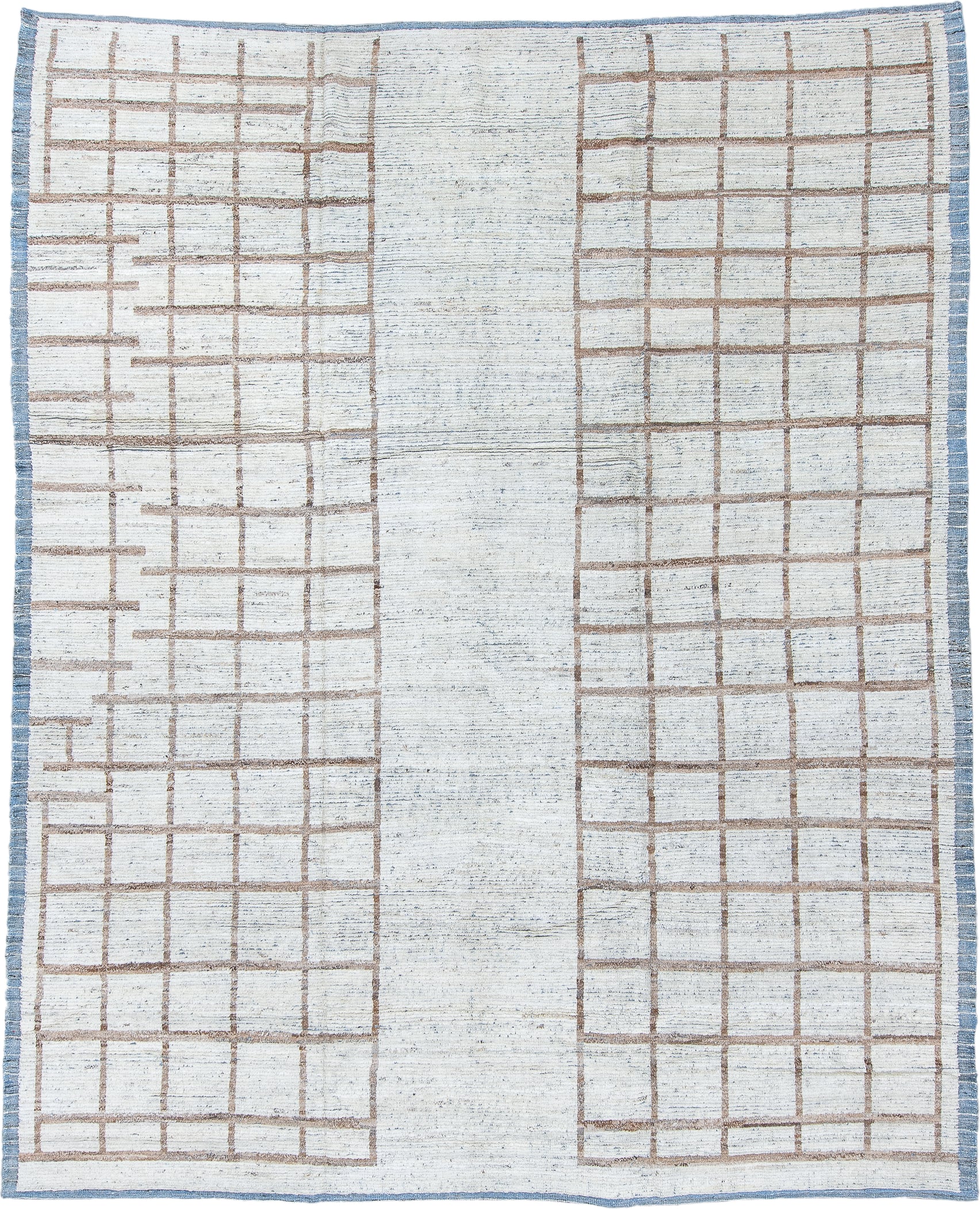 9' x 12' one-of-a-kind handmade vintage Tulu large size rug. Color palette: ivory, light blue, taupe, camel, beige, gray