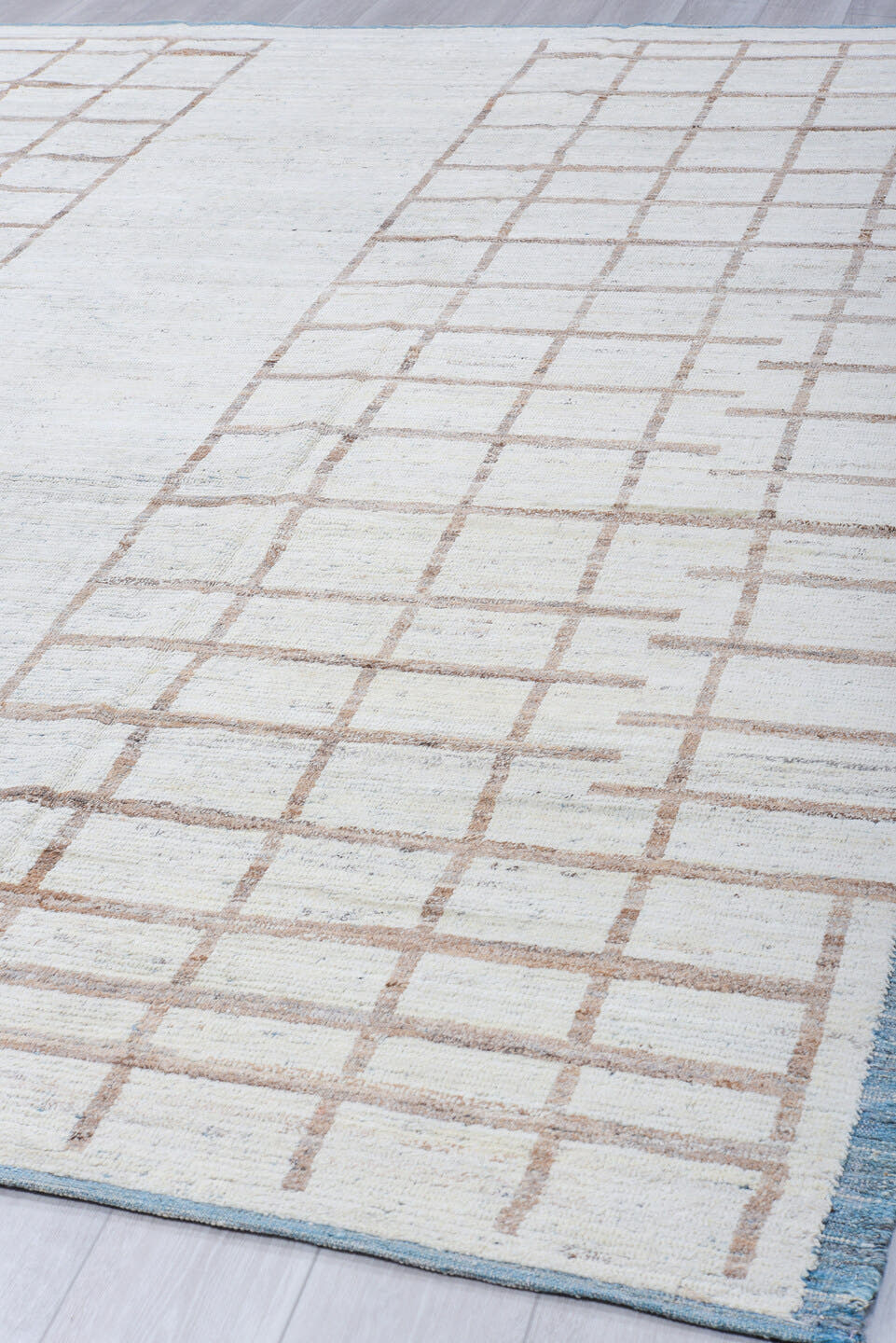 9' x 12' one-of-a-kind handmade vintage Tulu large size rug. Color palette: ivory, light blue, taupe, camel, beige, gray