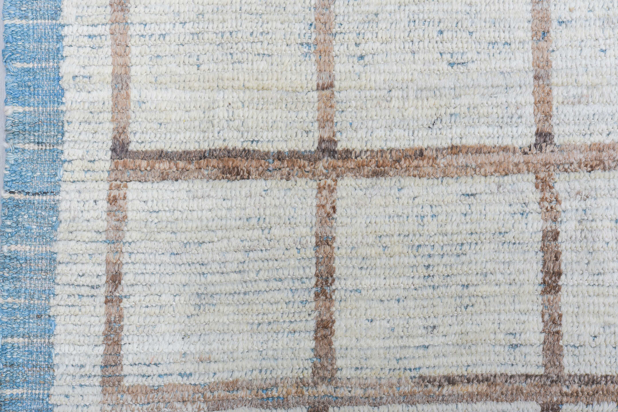 9' x 12' one-of-a-kind handmade vintage Tulu large size rug. Color palette: ivory, light blue, taupe, camel, beige, gray