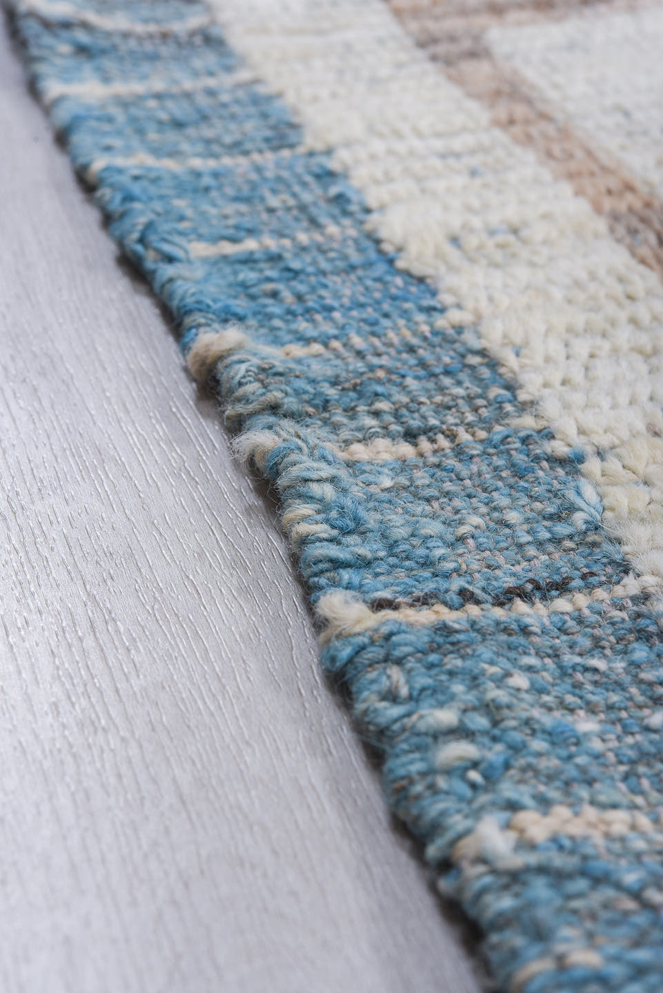 9' x 12' one-of-a-kind handmade vintage Tulu large size rug. Color palette: ivory, light blue, taupe, camel, beige, gray