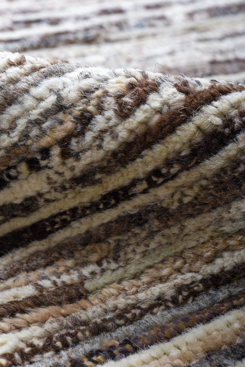 6' x 9' one-of-a-kind handmade vintage Tulu medium size rug. Color palette: ivory, taupe, brown, charcoal, cream, beige