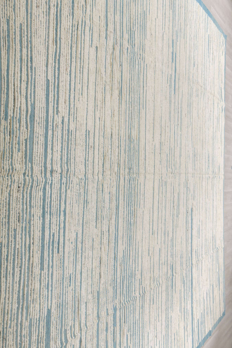 13' x 14' one-of-a-kind handmade vintage Tulu oversize rug. Color palette: ivory, sky blue, light blue