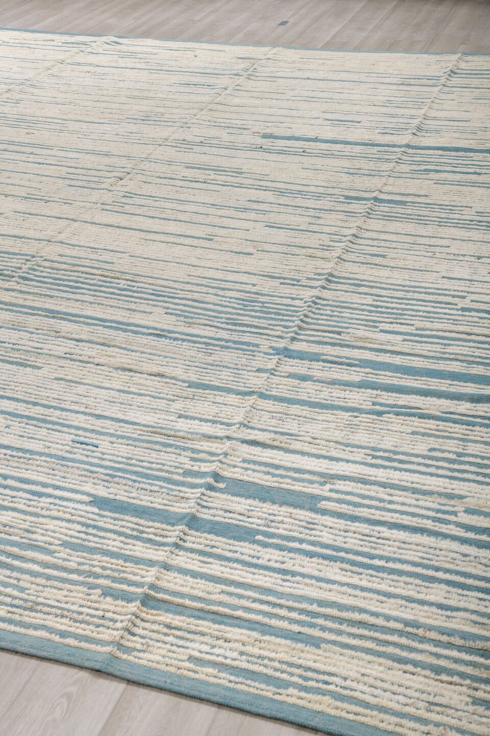 13' x 14' one-of-a-kind handmade vintage Tulu oversize rug. Color palette: ivory, sky blue, light blue