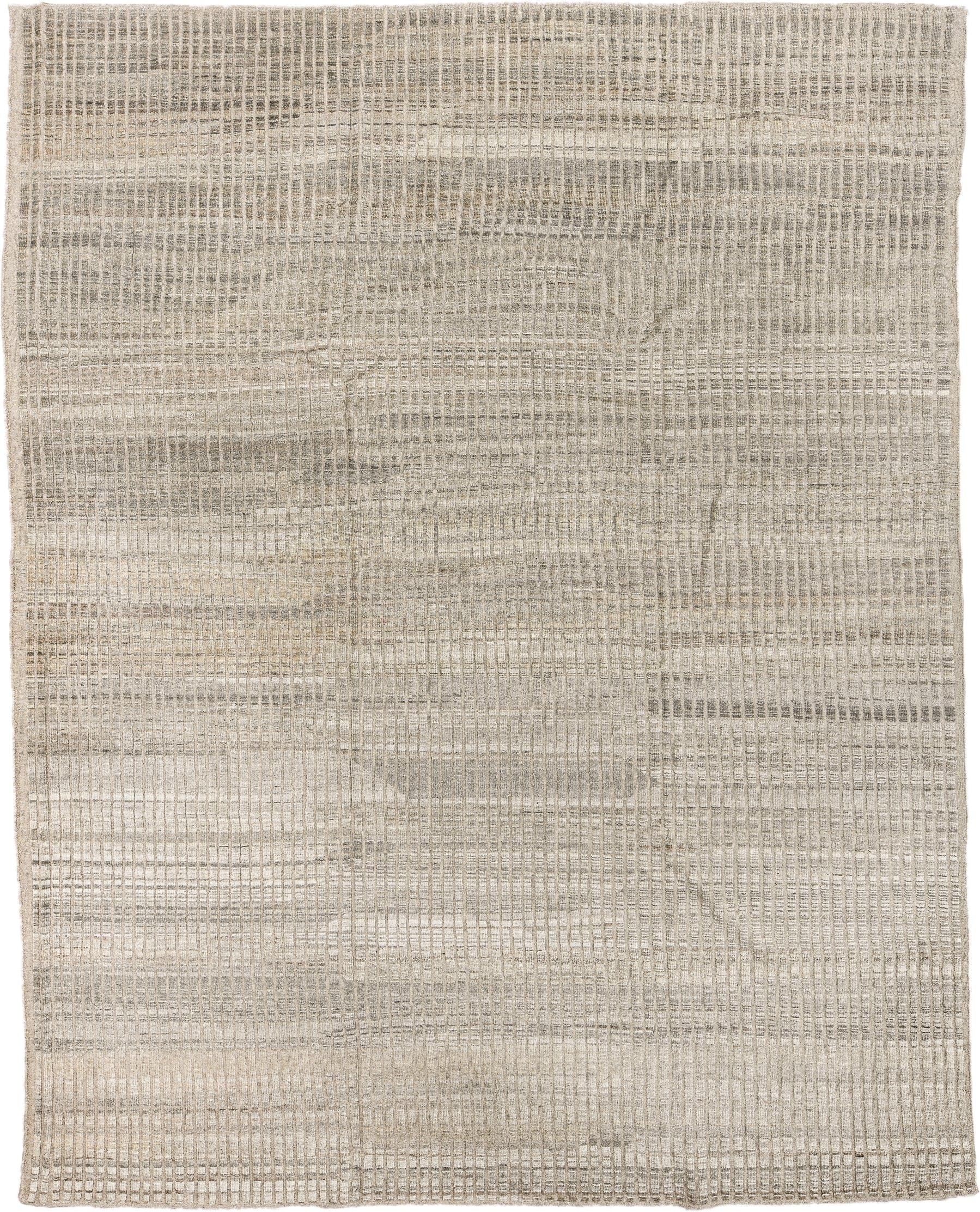 9' x 12' one-of-a-kind handmade vintage Tulu large size rug. Color palette: ivory, taupe, light gray, cream, greige, beige