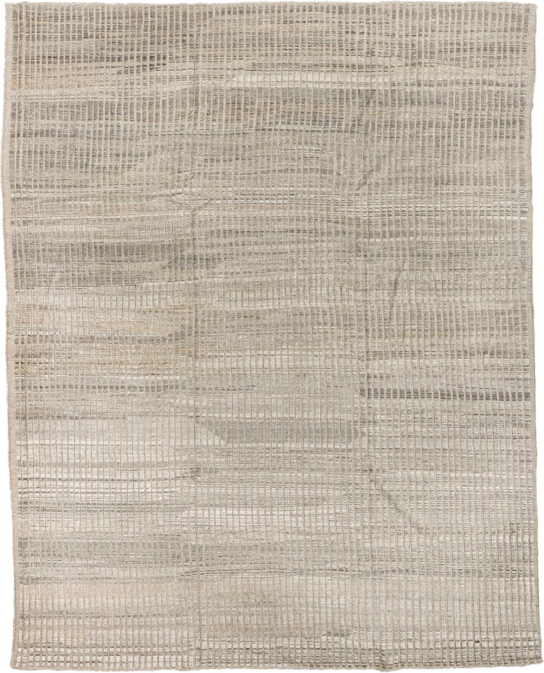 9' x 12' one-of-a-kind handmade vintage Tulu large size rug. Color palette: ivory, taupe, light gray, cream, greige, beige