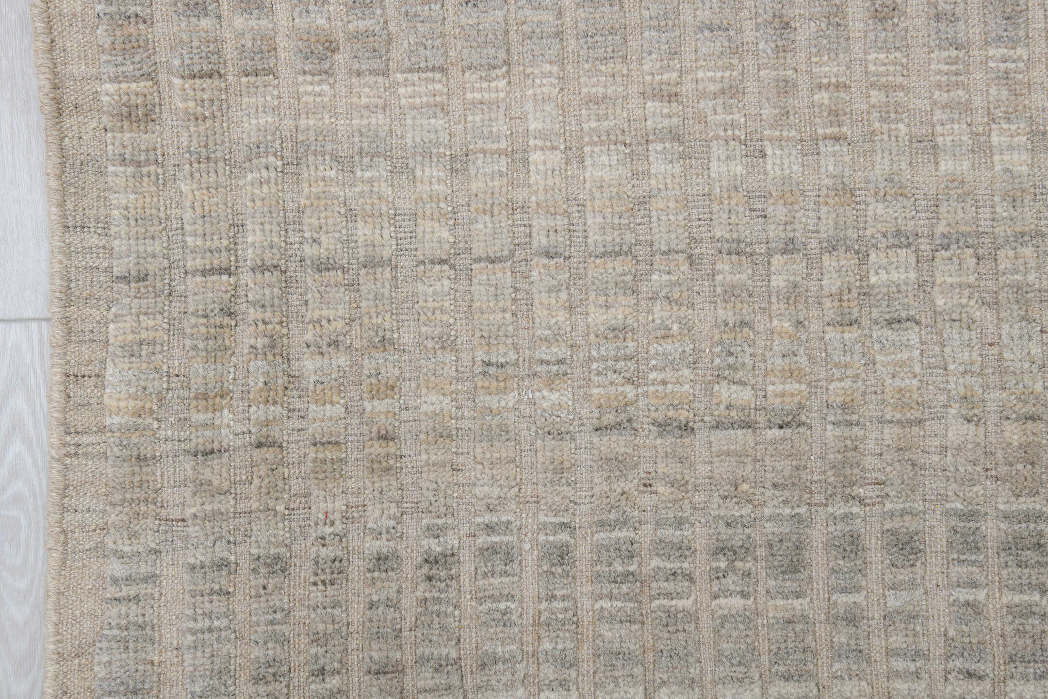 9' x 12' one-of-a-kind handmade vintage Tulu large size rug. Color palette: ivory, taupe, light gray, cream, greige, beige