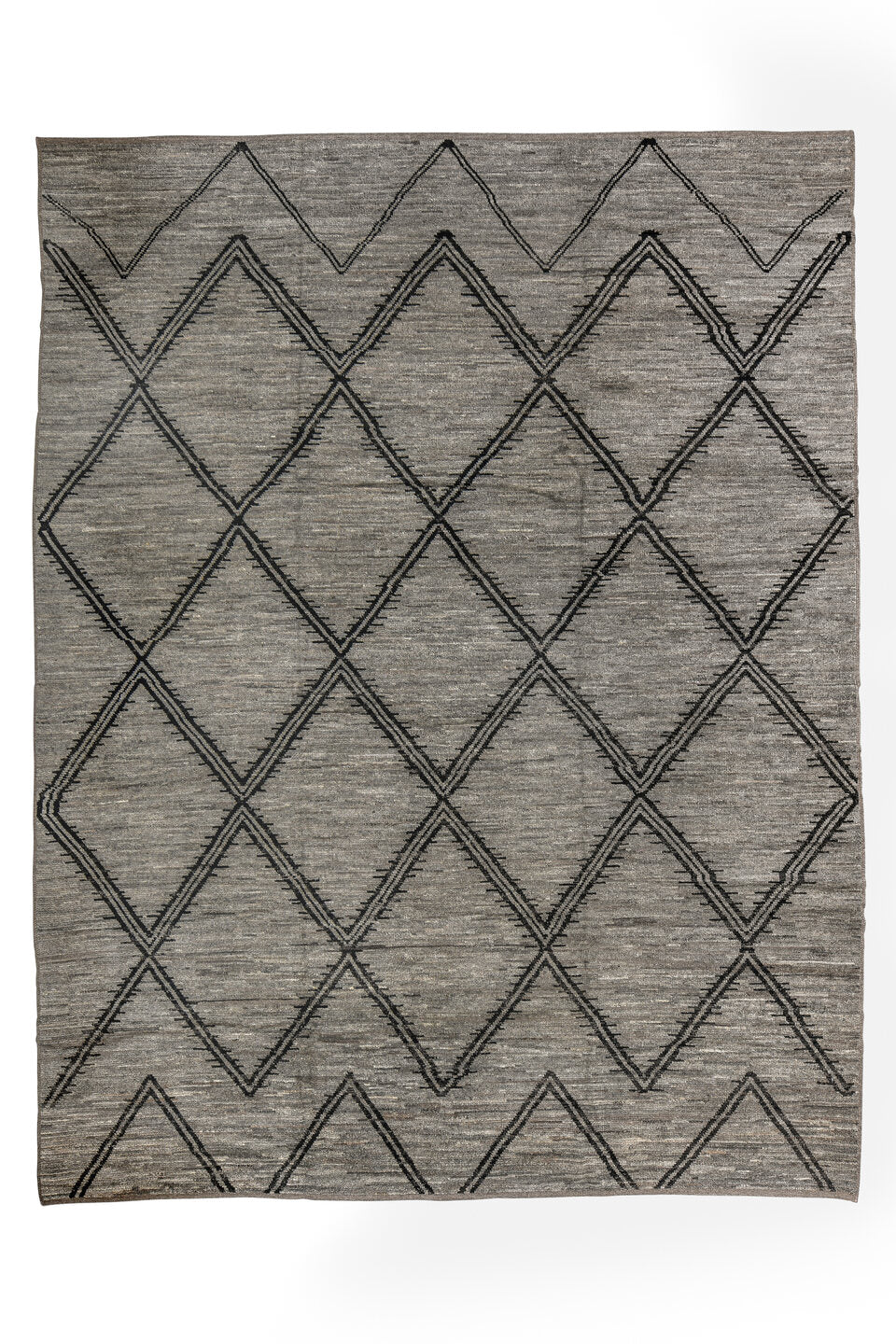 9' x 12' one-of-a-kind handmade vintage Tulu large size rug. Color palette: black, charcoal, dark gray, dim gray, gray