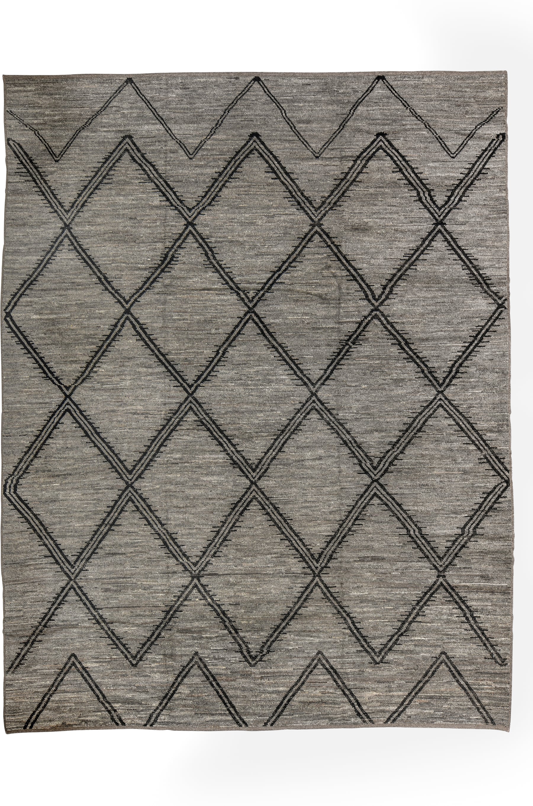 9' x 12' one-of-a-kind handmade vintage Tulu large size rug. Color palette: gray, charcoal, taupe, ivory, black, beige