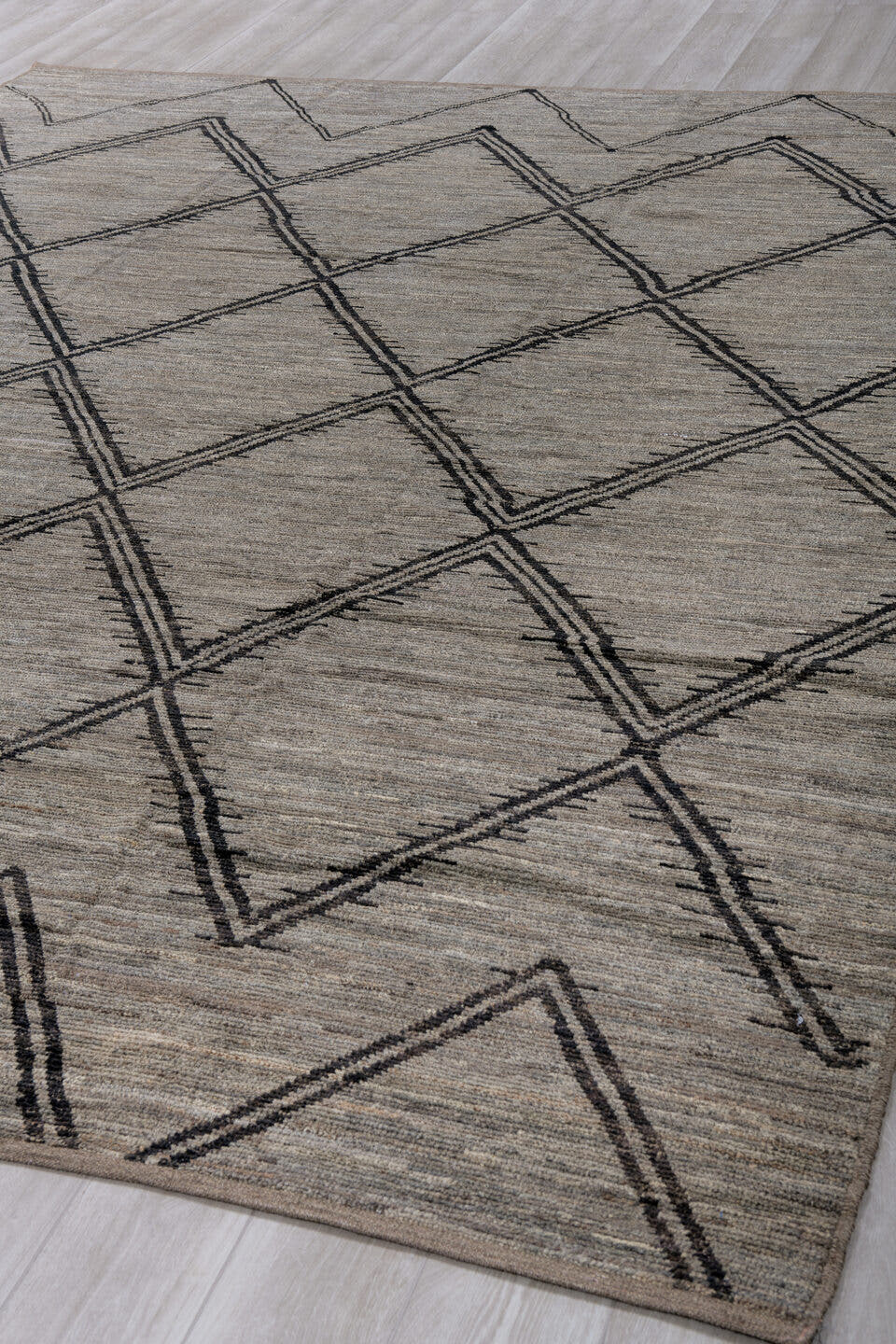 9' x 12' one-of-a-kind handmade vintage Tulu large size rug. Color palette: gray, charcoal, taupe, ivory, black, beige