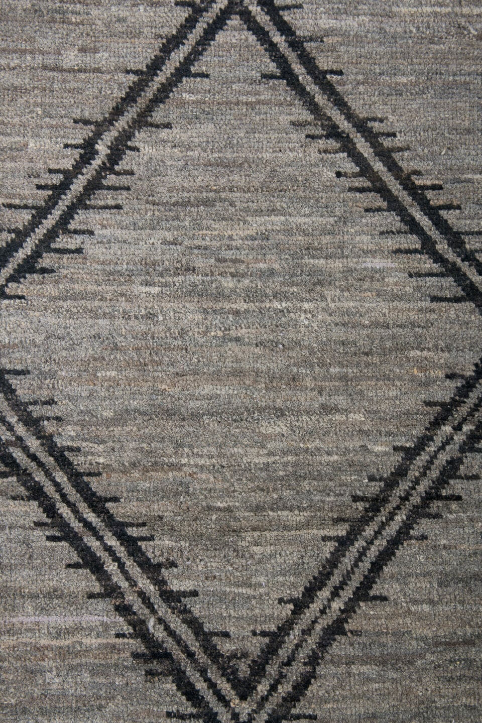 9' x 12' one-of-a-kind handmade vintage Tulu large size rug. Color palette: gray, charcoal, taupe, ivory, black, beige