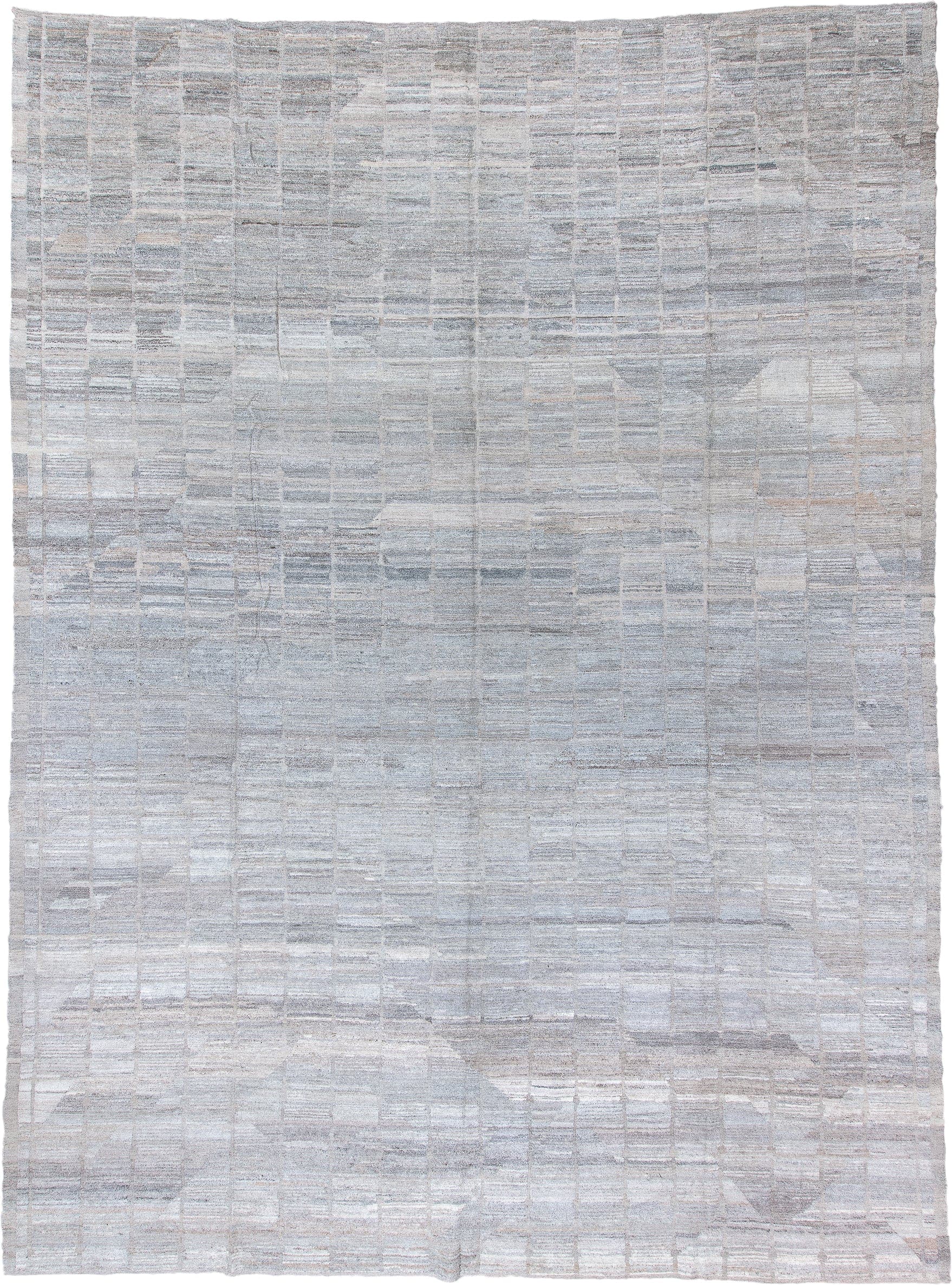 13' x 18' one-of-a-kind handmade vintage Tulu oversize rug. Color palette: ivory, pale gray, taupe, stone, silver