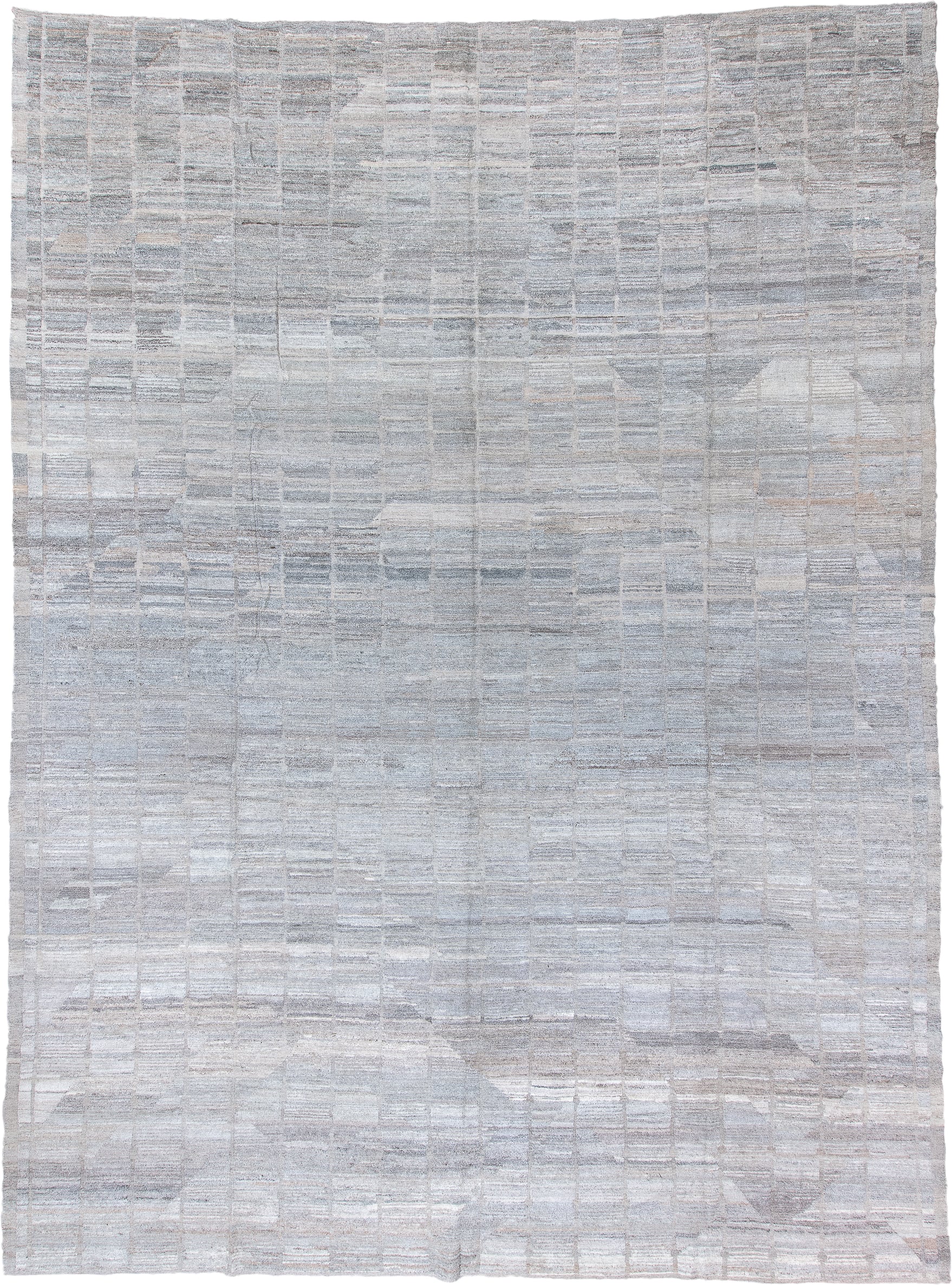 13' x 18' one-of-a-kind handmade vintage Tulu oversize rug. Color palette: ivory, pale gray, taupe, stone, silver