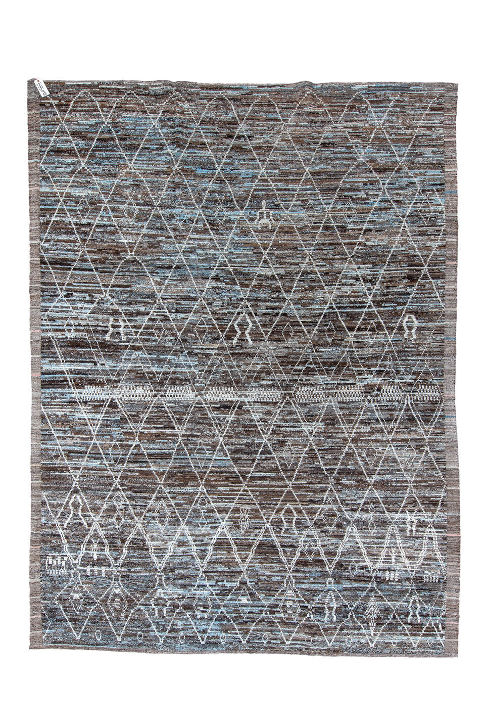 10' x 13' one-of-a-kind handmade vintage Tulu large size rug. Color palette: arapawa, black, blue, brown, charcoal