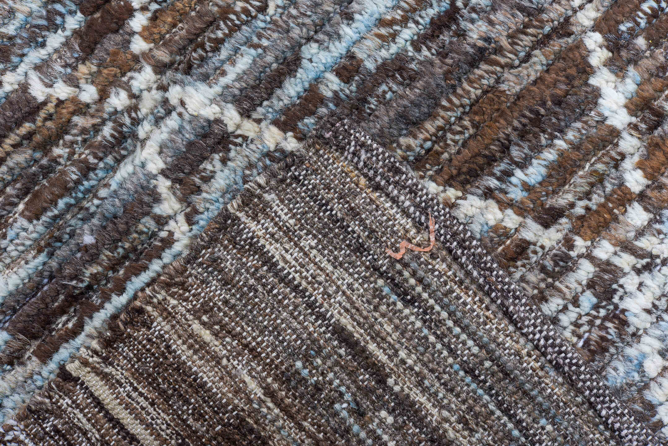 10' x 13' one-of-a-kind handmade vintage Tulu large size rug. Color palette: brown, ivory, pale blue, taupe, charcoal