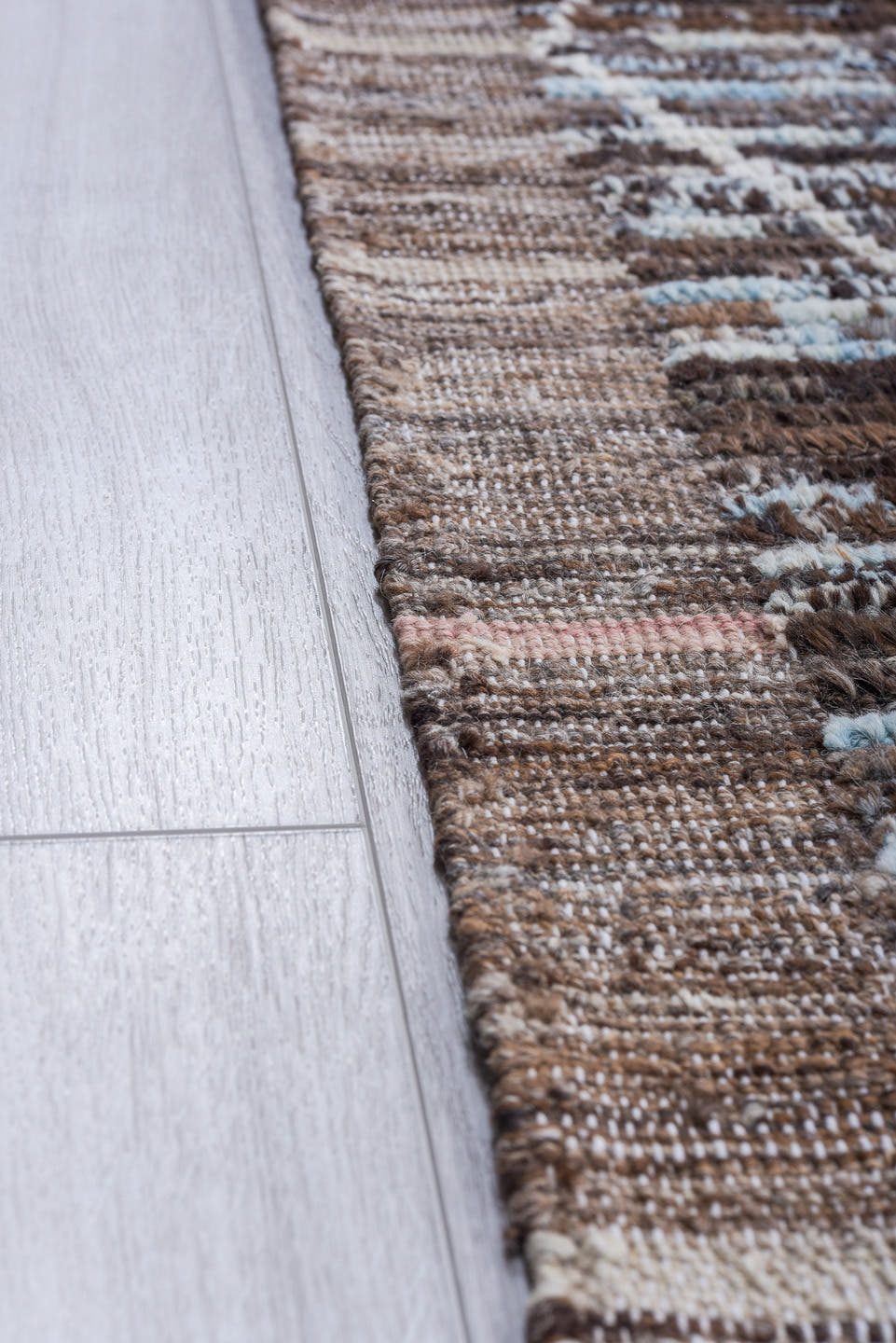 10' x 13' one-of-a-kind handmade vintage Tulu large size rug. Color palette: brown, ivory, pale blue, taupe, charcoal