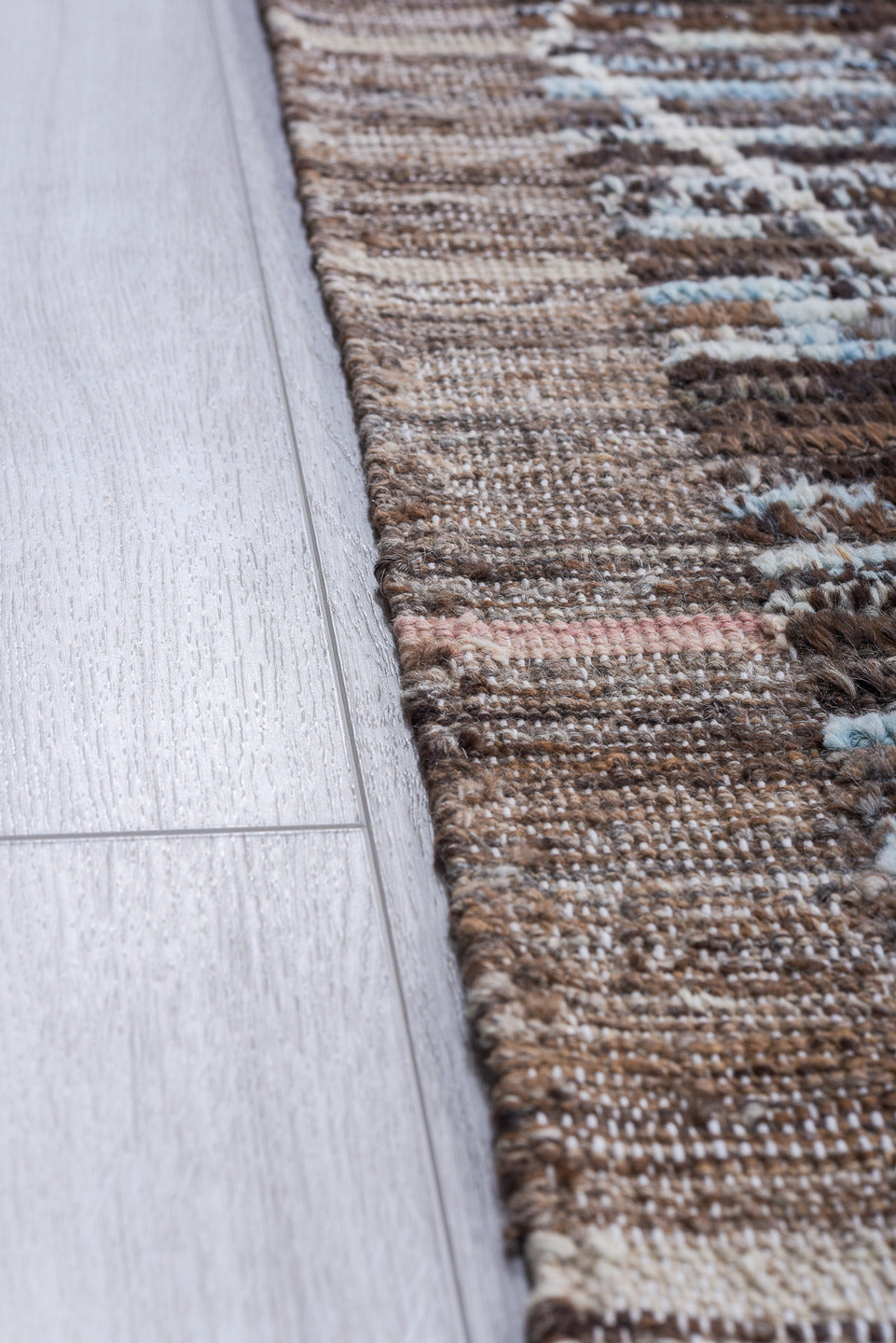 10' x 13' one-of-a-kind handmade vintage Tulu large size rug. Color palette: brown, ivory, pale blue, taupe, charcoal