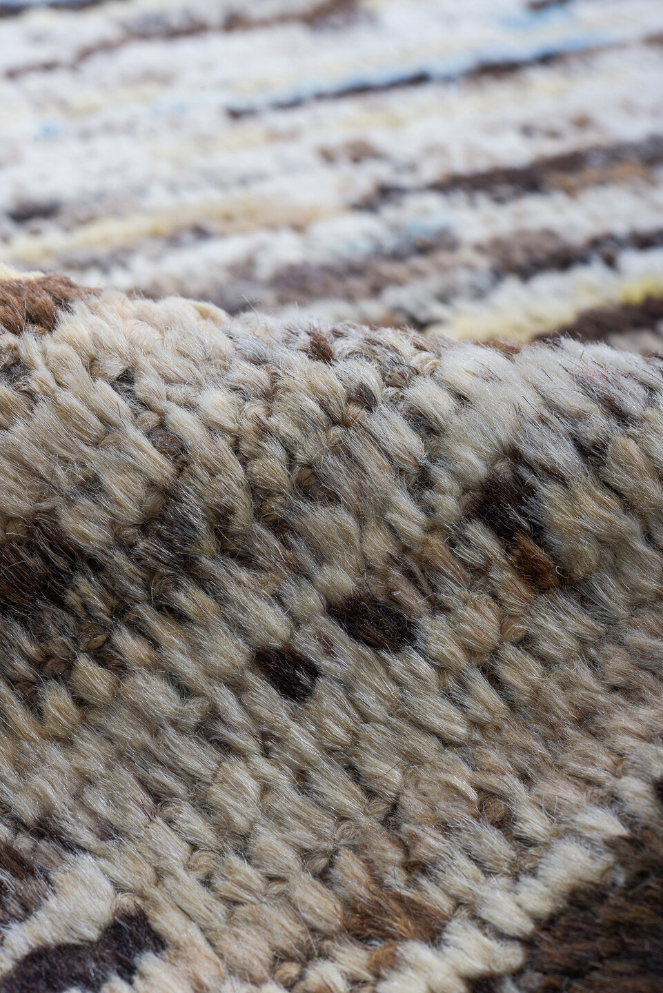 9' x 14' one-of-a-kind handmade vintage Tulu large size rug. Color palette: ivory, taupe, brown, beige, pale_blue, cream