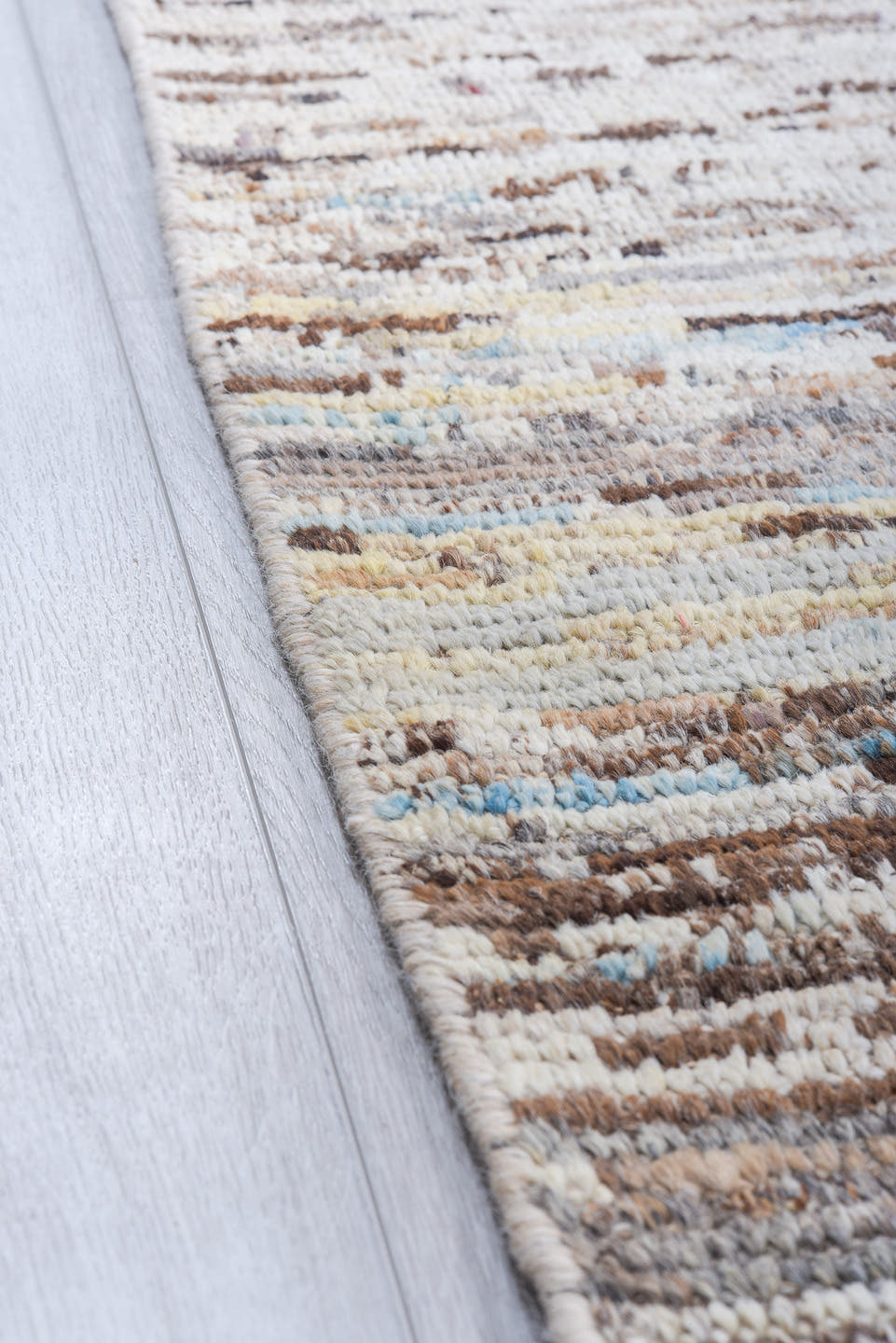 9' x 14' one-of-a-kind handmade vintage Tulu large size rug. Color palette: ivory, taupe, brown, beige, pale_blue, cream