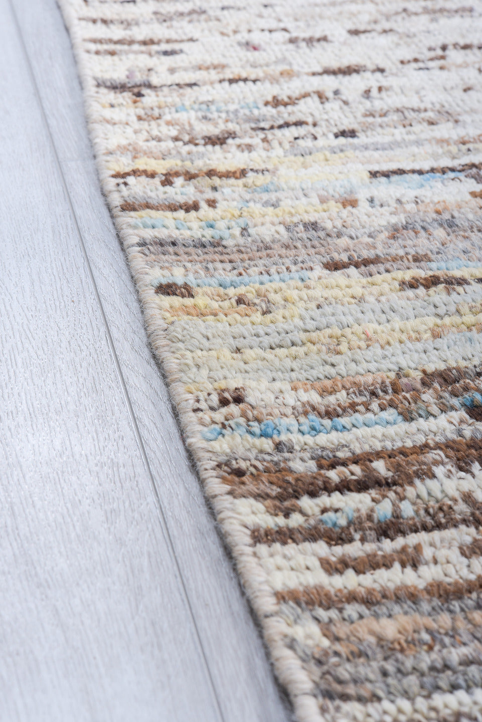 9' x 14' one-of-a-kind handmade vintage Tulu large size rug. Color palette: ivory, taupe, brown, beige, pale_blue, cream