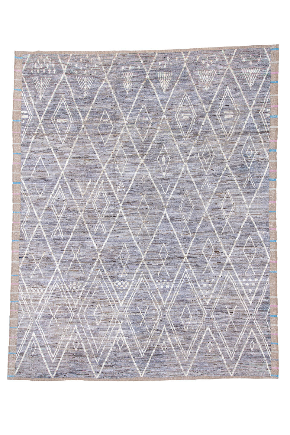 11' x 14' one-of-a-kind handmade vintage Tulu oversize rug. Color palette: black, blue, gainsboro, gray, light blue