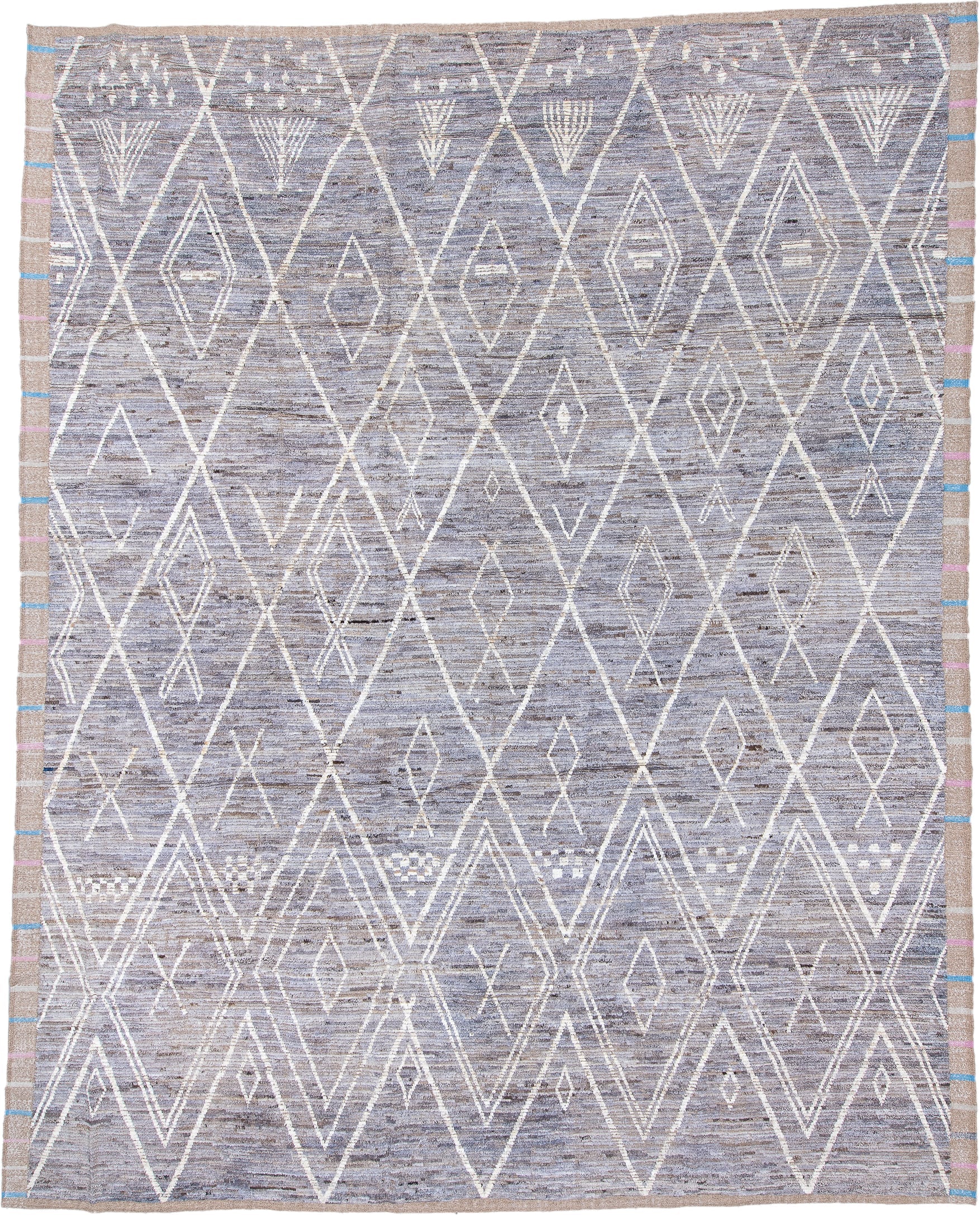 11' x 14' one-of-a-kind handmade vintage Tulu oversize rug. Color palette: lavender gray, ivory, taupe, sky blue, blush