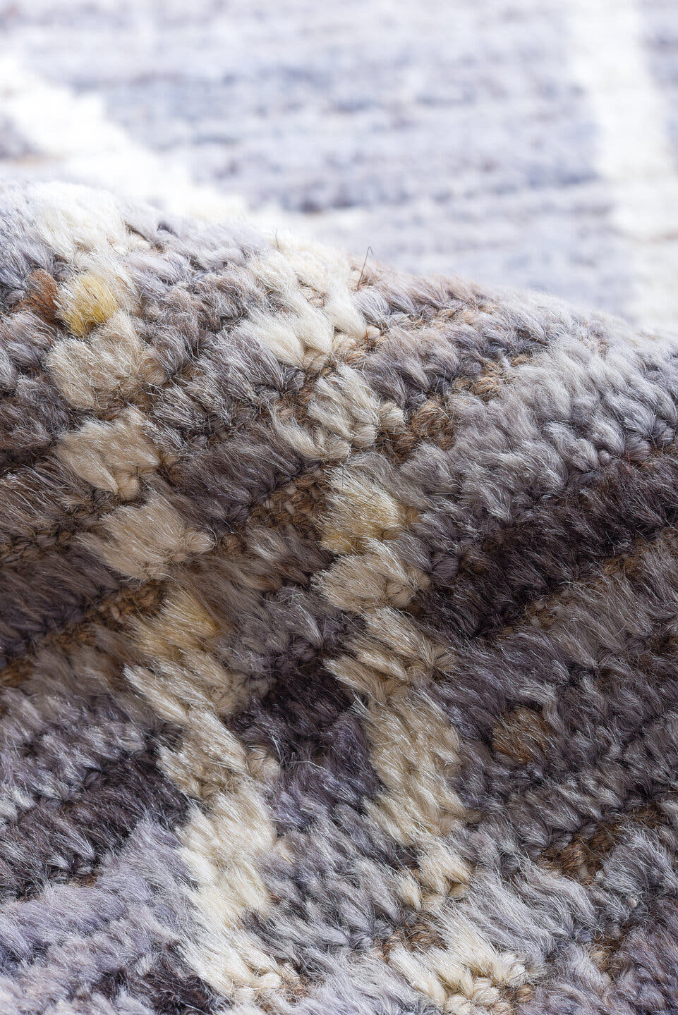 11' x 14' one-of-a-kind handmade vintage Tulu oversize rug. Color palette: lavender gray, ivory, taupe, sky blue, blush