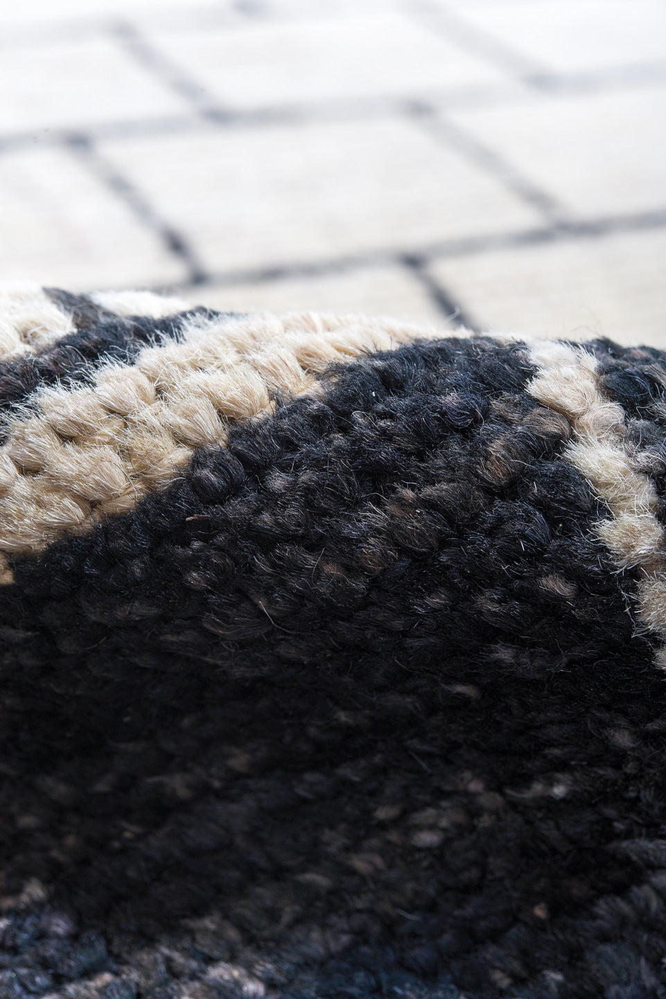 9' x 11' one-of-a-kind handmade vintage Tulu large size rug. Color palette: charcoal, ivory, cream, gray, black
