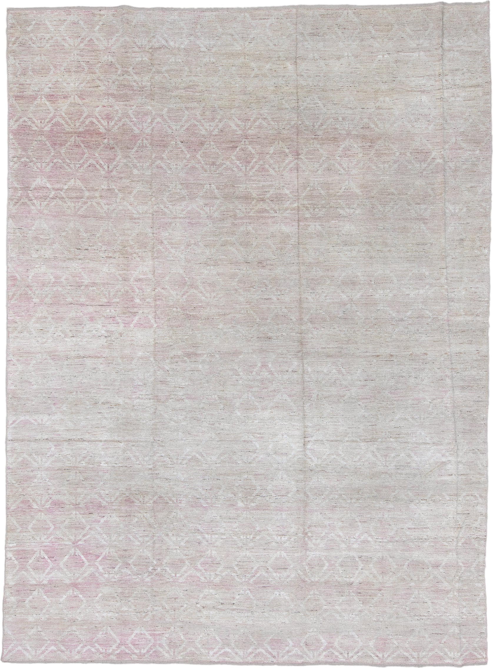 10' x 14' one-of-a-kind handmade vintage Tulu large size rug. Color palette: ivory, blush, cream, pale rose, taupe, pink