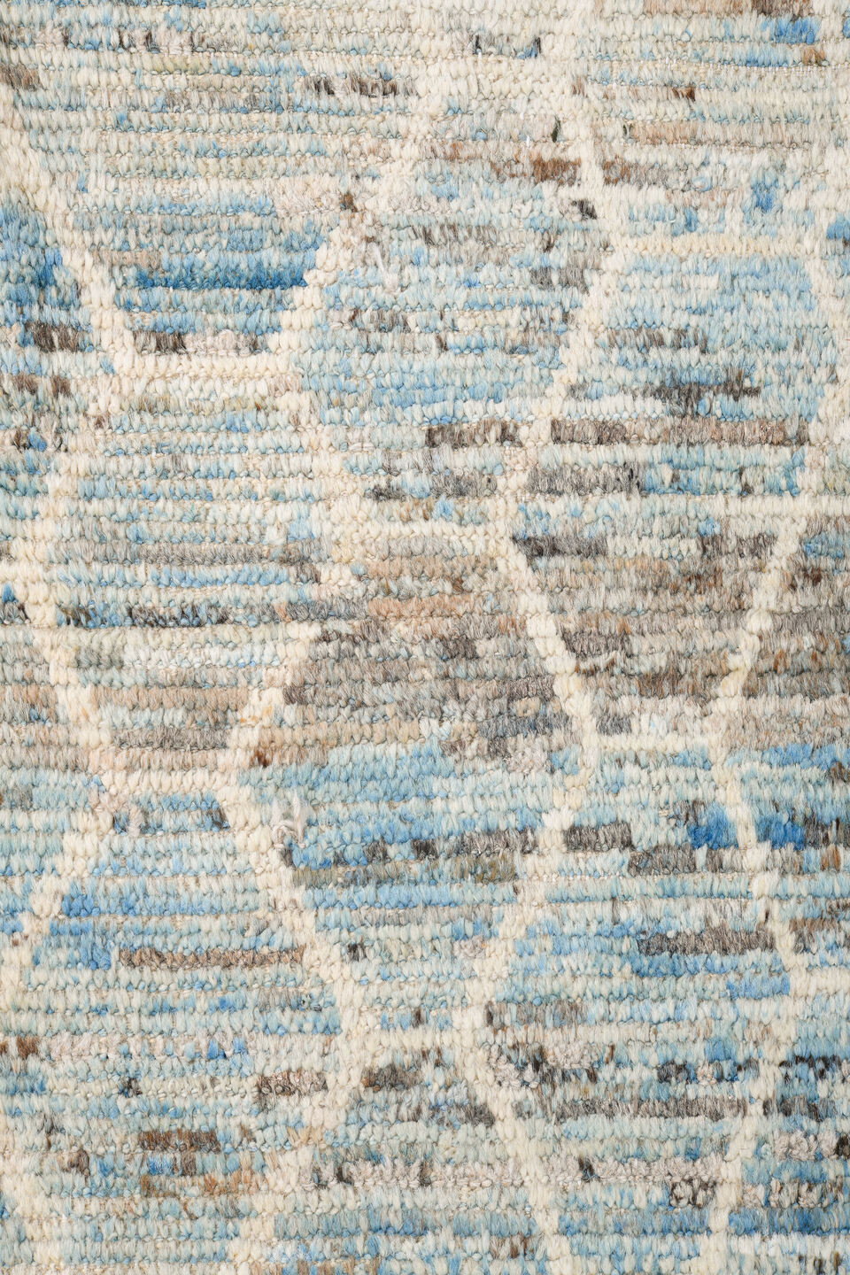 8' x 10' one-of-a-kind handmade vintage Tulu large size rug. Color palette: ivory, pale blue, light blue, silver gray, taupe