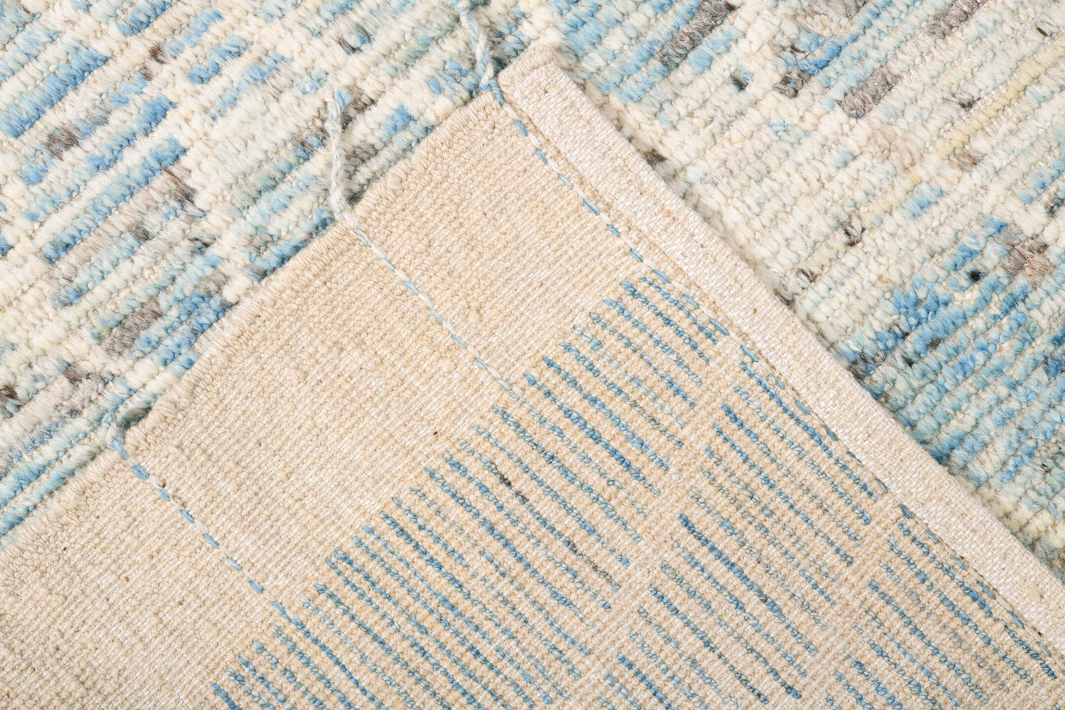 8' x 10' one-of-a-kind handmade vintage Tulu large size rug. Color palette: ivory, pale blue, light blue, silver gray, taupe