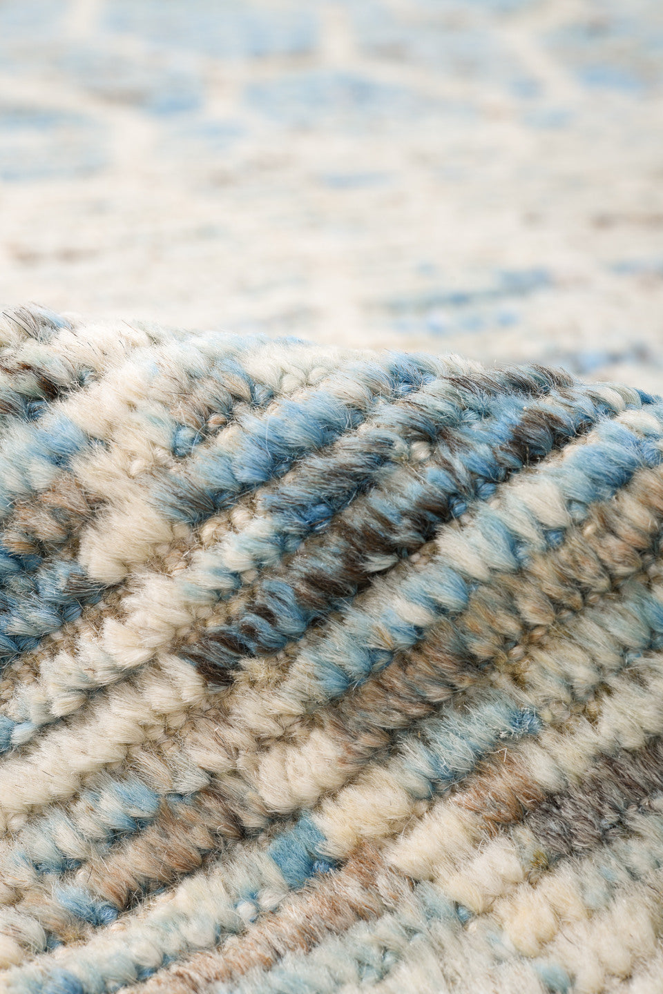 8' x 10' one-of-a-kind handmade vintage Tulu large size rug. Color palette: ivory, pale blue, light blue, silver gray, taupe