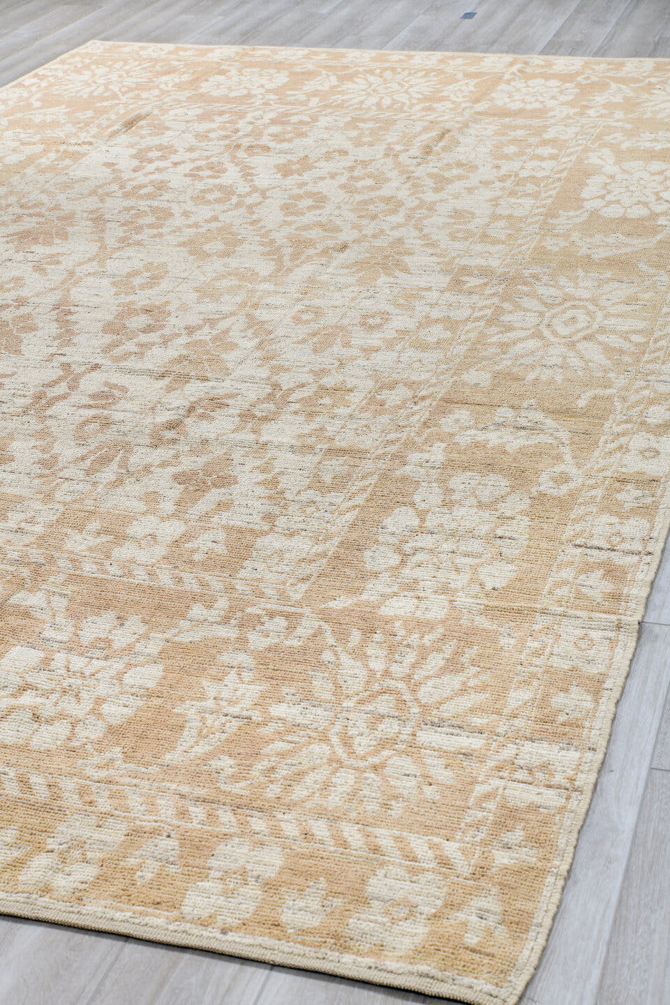 8' x 14' one-of-a-kind handmade vintage Tulu large size rug. Color palette: ivory, beige, taupe, sand, cream, gray