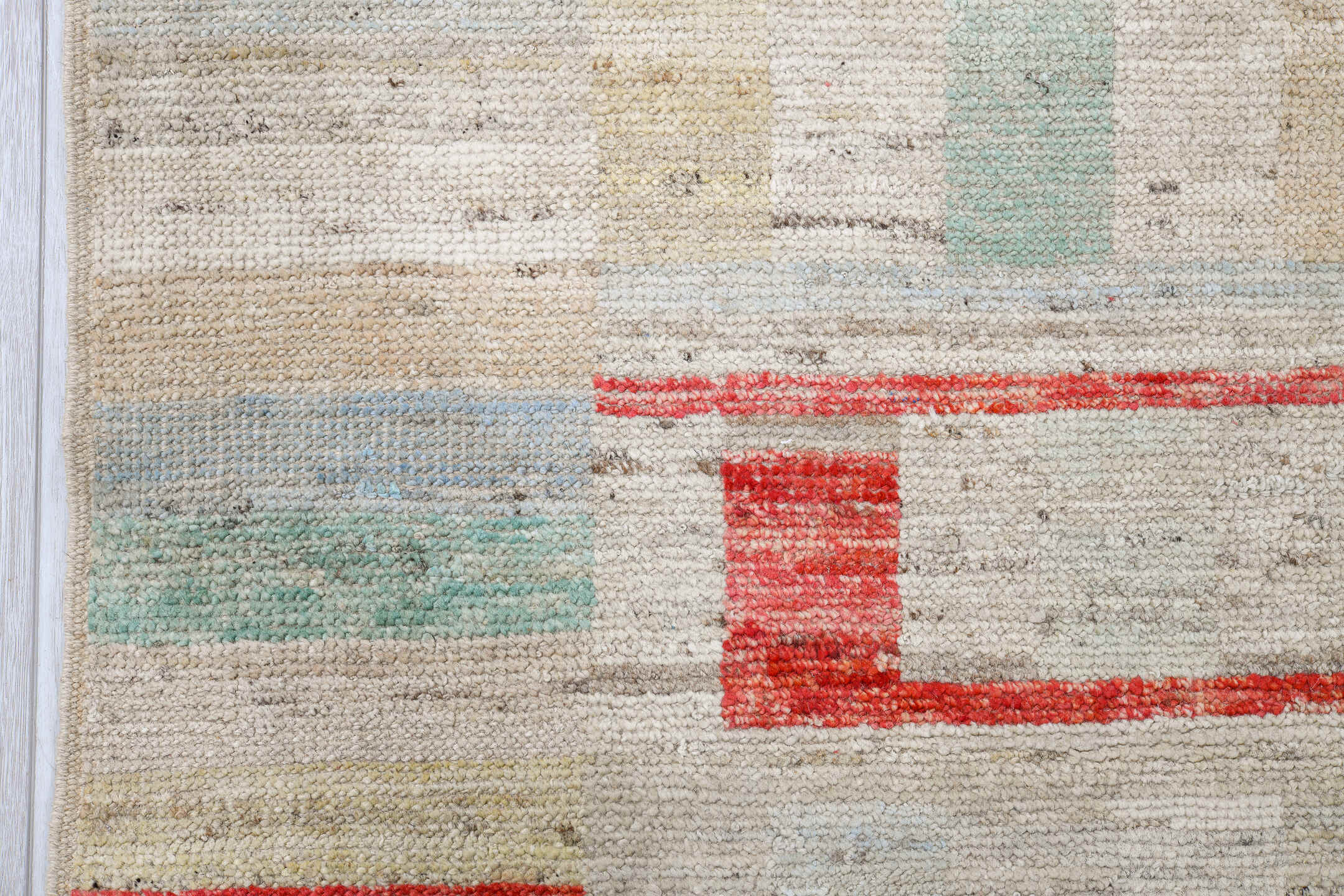 10' x 13' one-of-a-kind handmade vintage Tulu large size rug. Color palette: ivory, coral, pale aqua, powder blue, beige