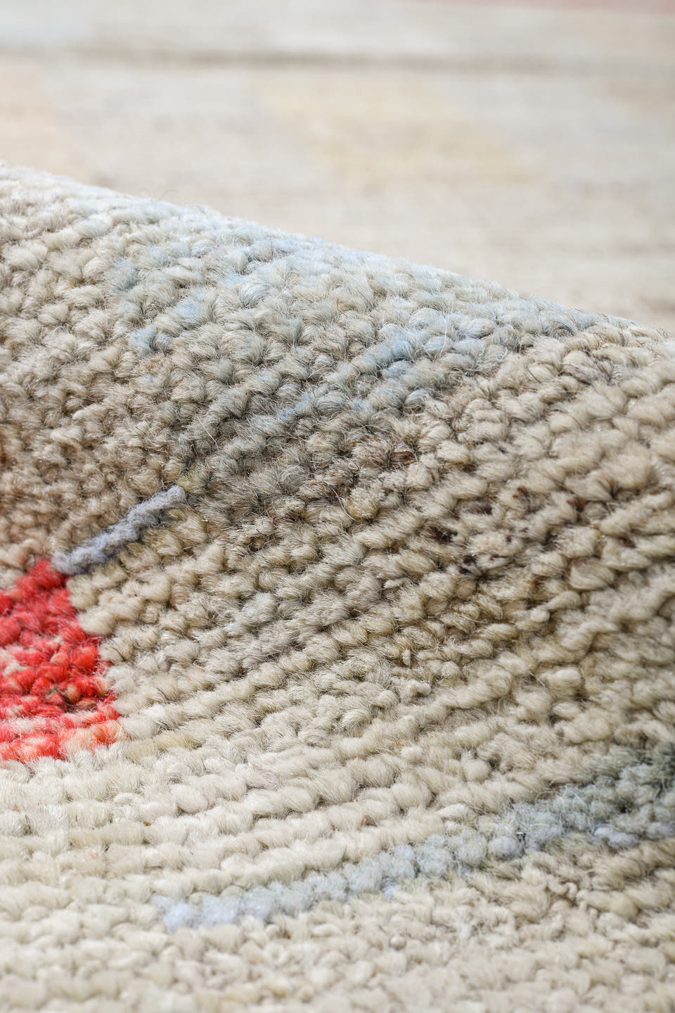 10' x 13' one-of-a-kind handmade vintage Tulu large size rug. Color palette: ivory, coral, pale aqua, powder blue, beige