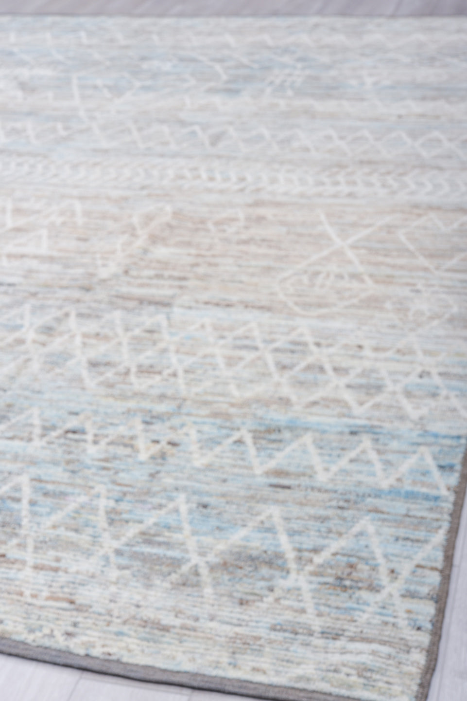 10' x 14' one-of-a-kind handmade vintage Tulu large size rug. Color palette: ivory, pale blue, gray, taupe, slate