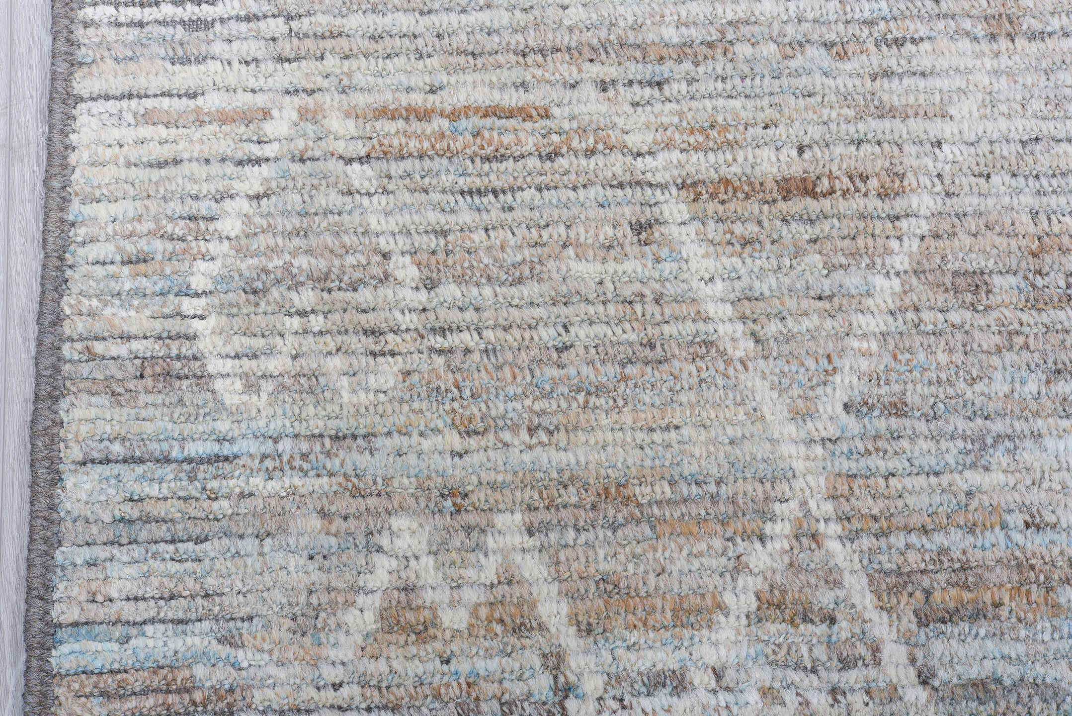 10' x 14' one-of-a-kind handmade vintage Tulu large size rug. Color palette: ivory, pale blue, gray, taupe, slate
