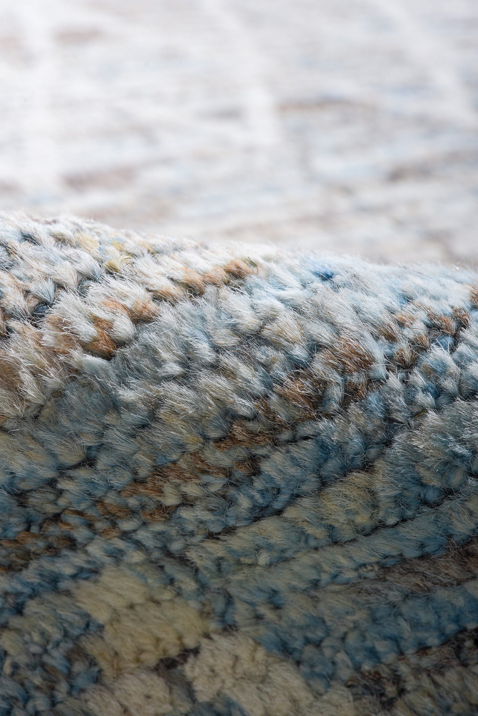 10' x 14' one-of-a-kind handmade vintage Tulu large size rug. Color palette: ivory, pale blue, gray, taupe, slate