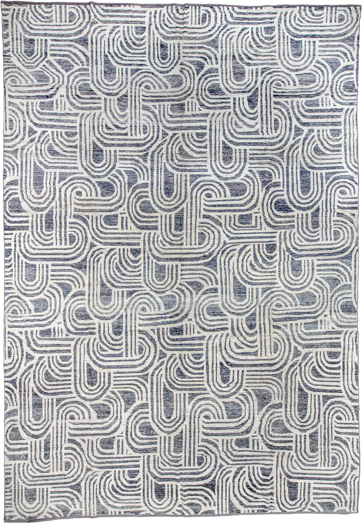 13' x 19' one-of-a-kind handmade vintage Tulu oversize rug. Color palette: ivory, slate, charcoal, gray, black