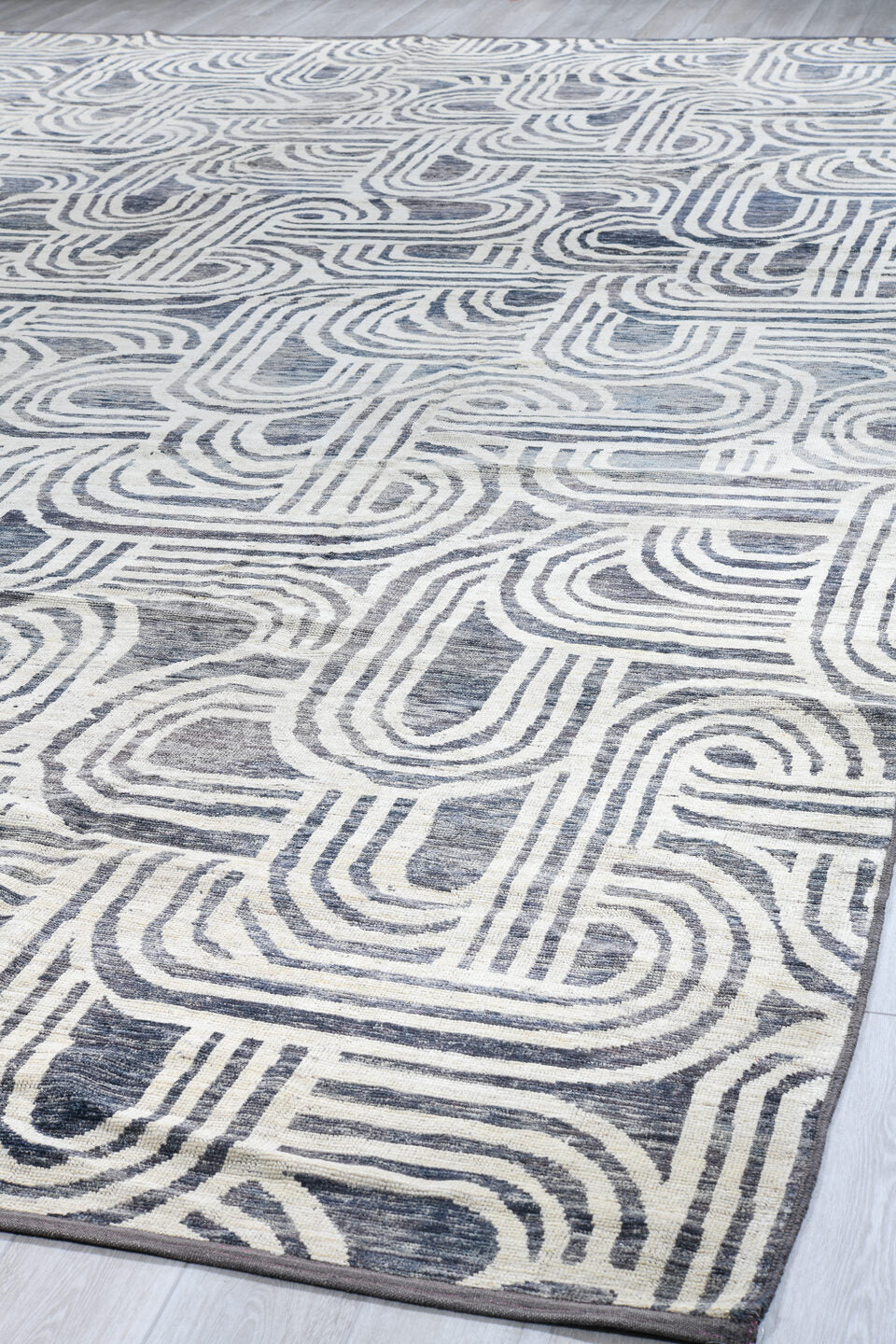 13' x 19' one-of-a-kind handmade vintage Tulu oversize rug. Color palette: ivory, slate, charcoal, gray, black