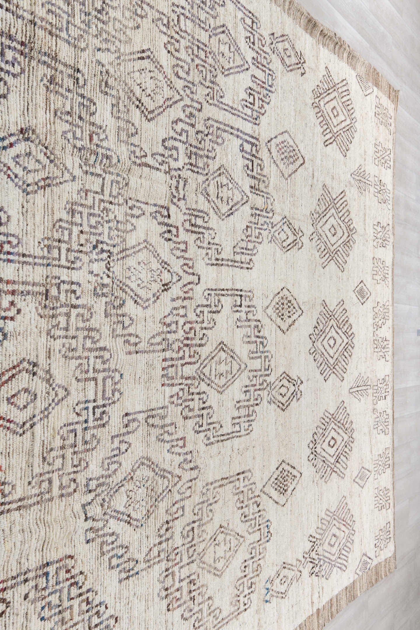 9' x 14' one-of-a-kind handmade vintage Tulu large size rug. Color palette: ivory, brown, taupe, charcoal, muted blue, rust