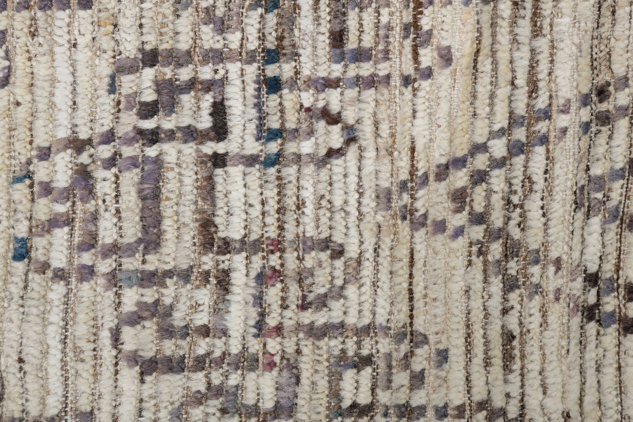 9' x 14' one-of-a-kind handmade vintage Tulu large size rug. Color palette: ivory, brown, taupe, charcoal, muted blue, rust