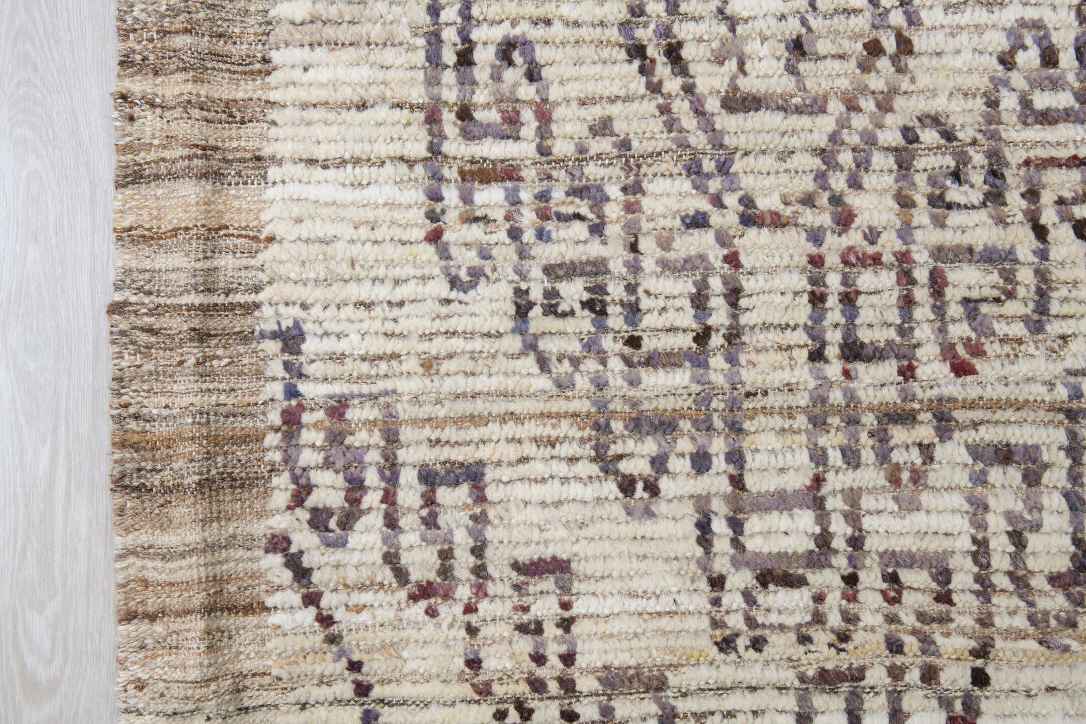 9' x 14' one-of-a-kind handmade vintage Tulu large size rug. Color palette: ivory, brown, taupe, charcoal, muted blue, rust