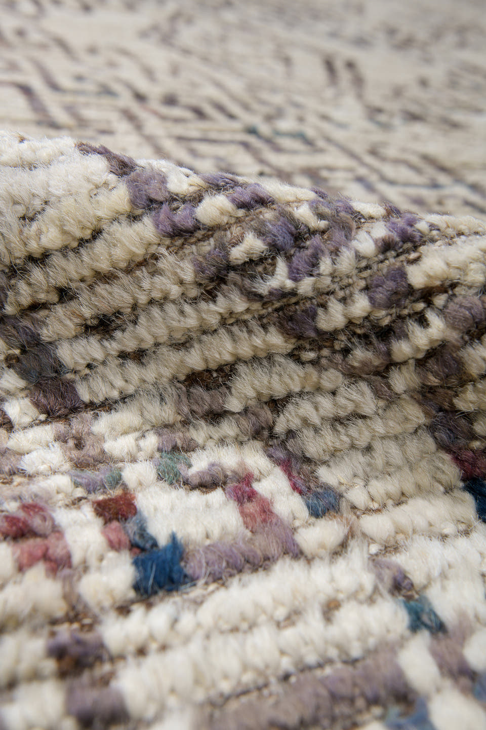9' x 14' one-of-a-kind handmade vintage Tulu large size rug. Color palette: ivory, brown, taupe, charcoal, muted blue, rust